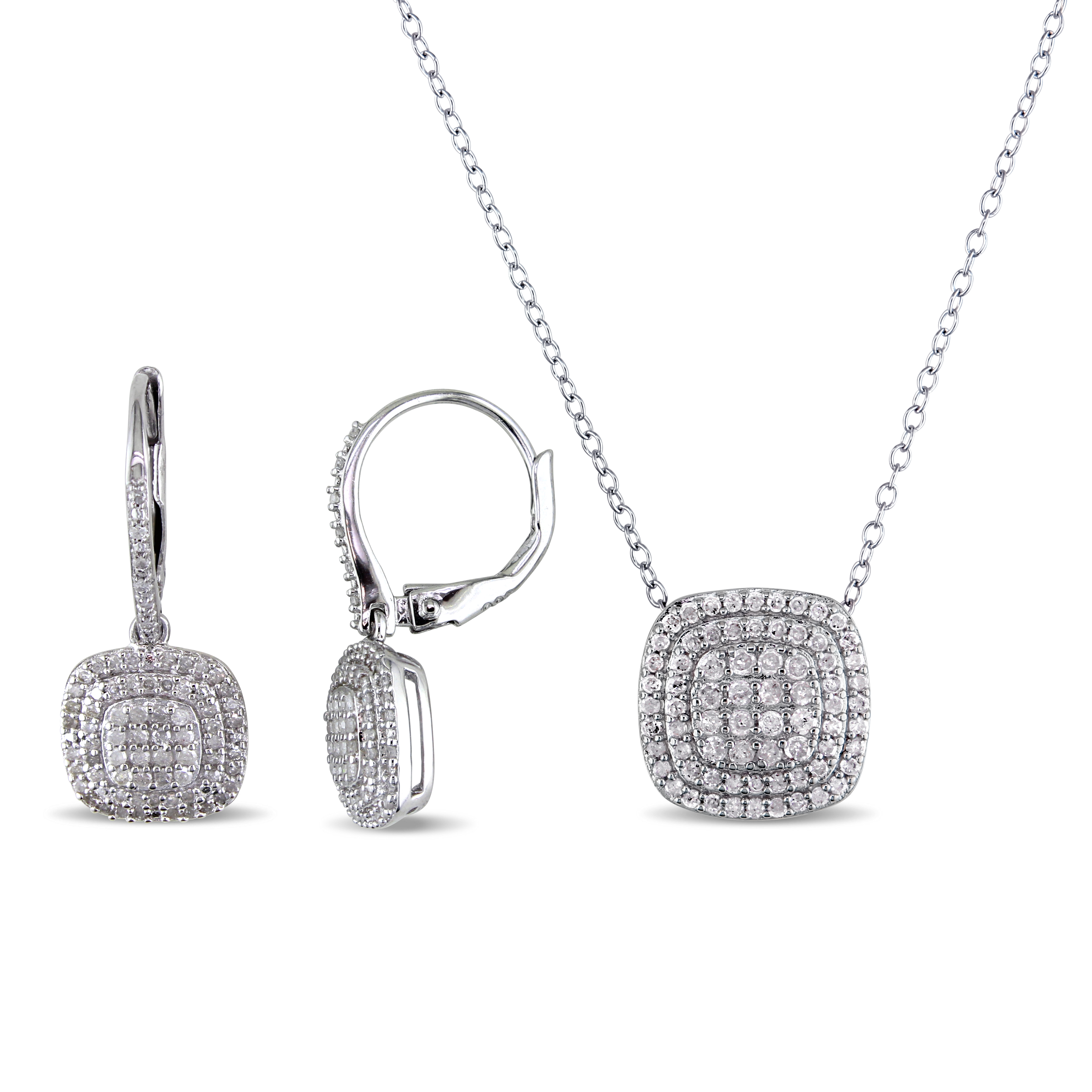 1 CT TW Diamond Layered Halo Leverback Earrings and Pendant with Chain Set in Sterling Silver - 18 in