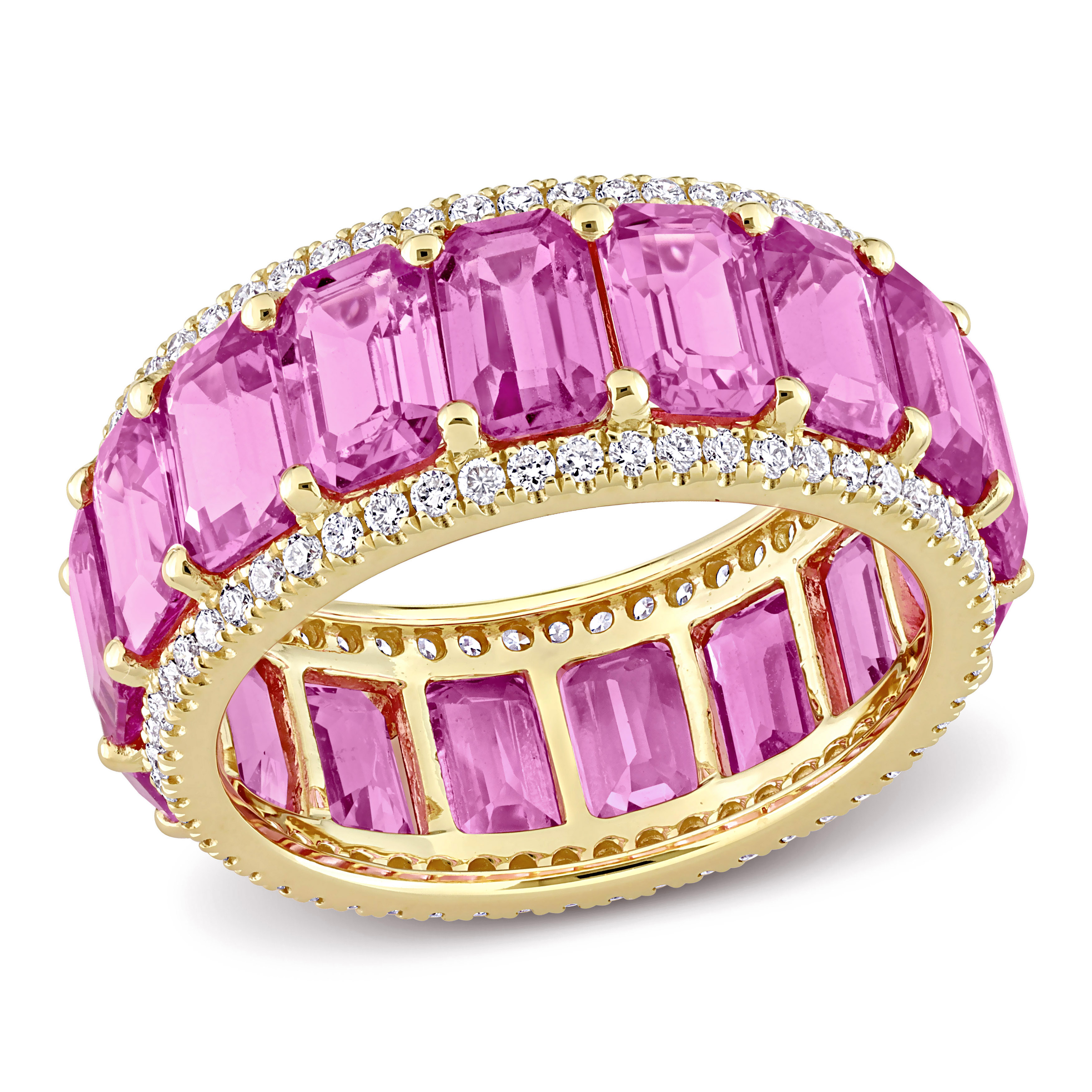 Dark Pink Sapphire and Diamond Eternity Ring in 14k Yellow Gold
