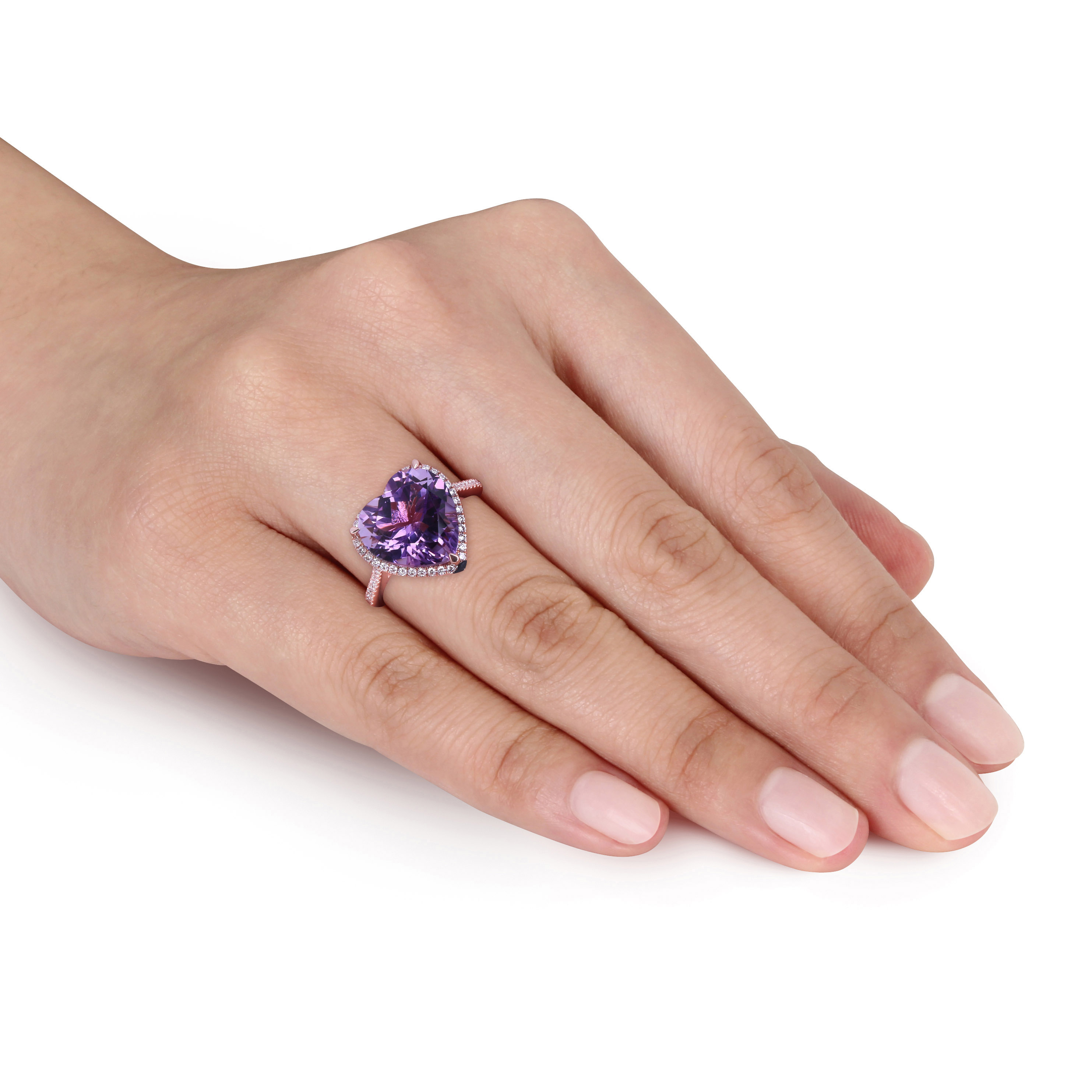 6 1/2 CT TGW Heart Shape Amethyst and 1/3 CT TW Diamond Halo Ring in 14k Rose Gold