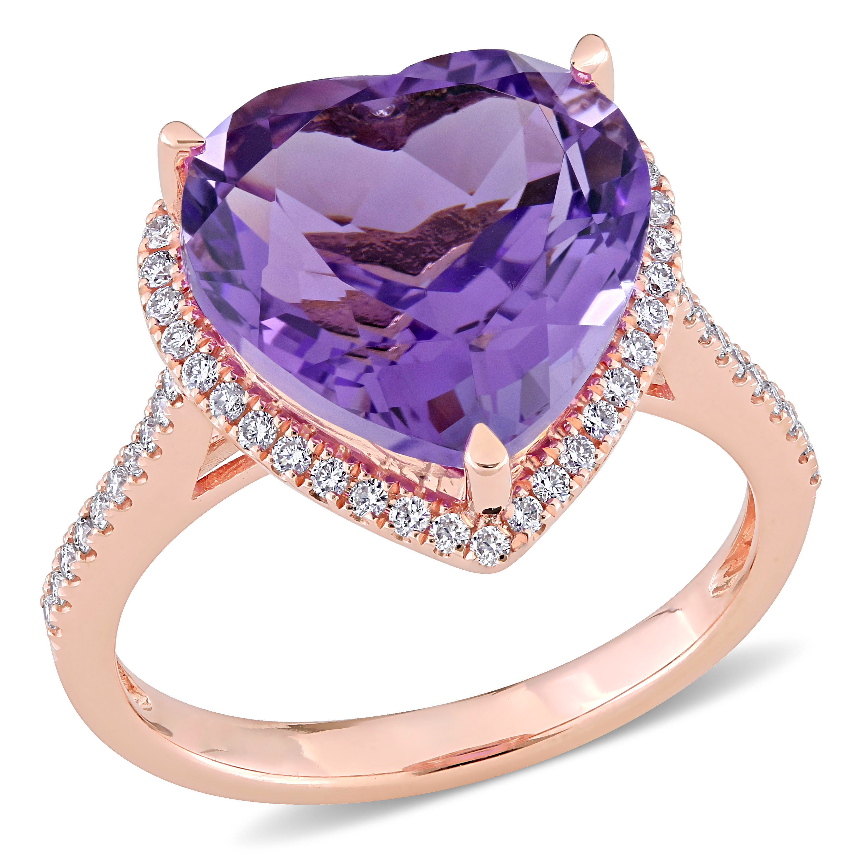 6 1/2 CT TGW Heart Shape Amethyst and 1/3 CT TW Diamond Halo Ring in 14k Rose Gold