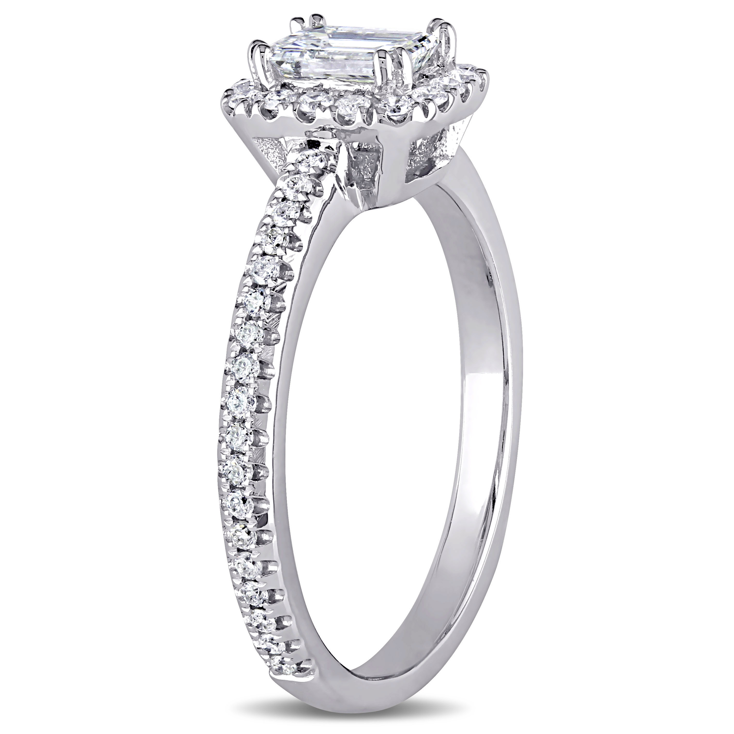 7/8 CT TW Emerald Cut and Round Diamond Engagement Ring in 14k White Gold