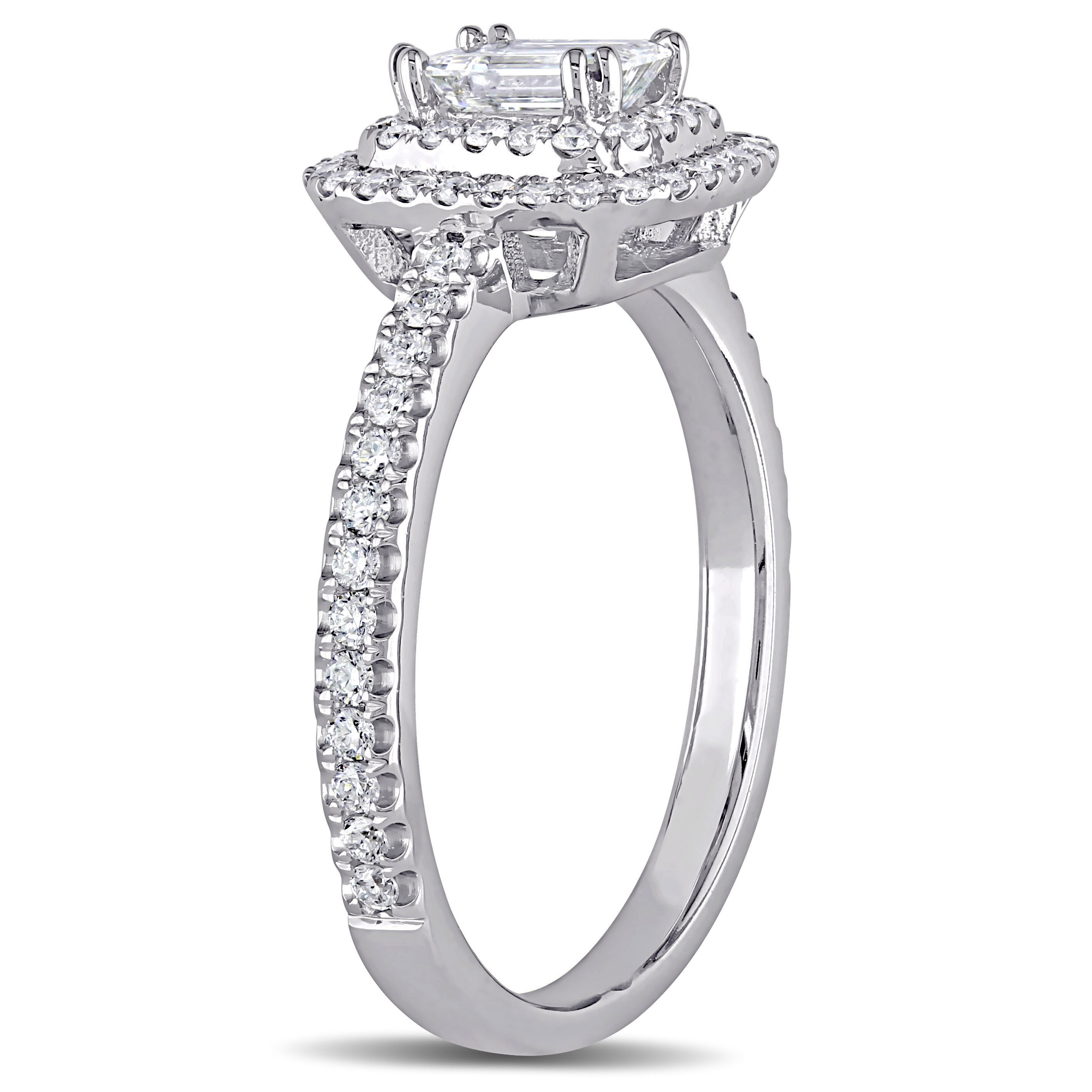 1 CT TW Emerald Cut and Round Diamond Double Halo Engagement Ring in 14k White Gold
