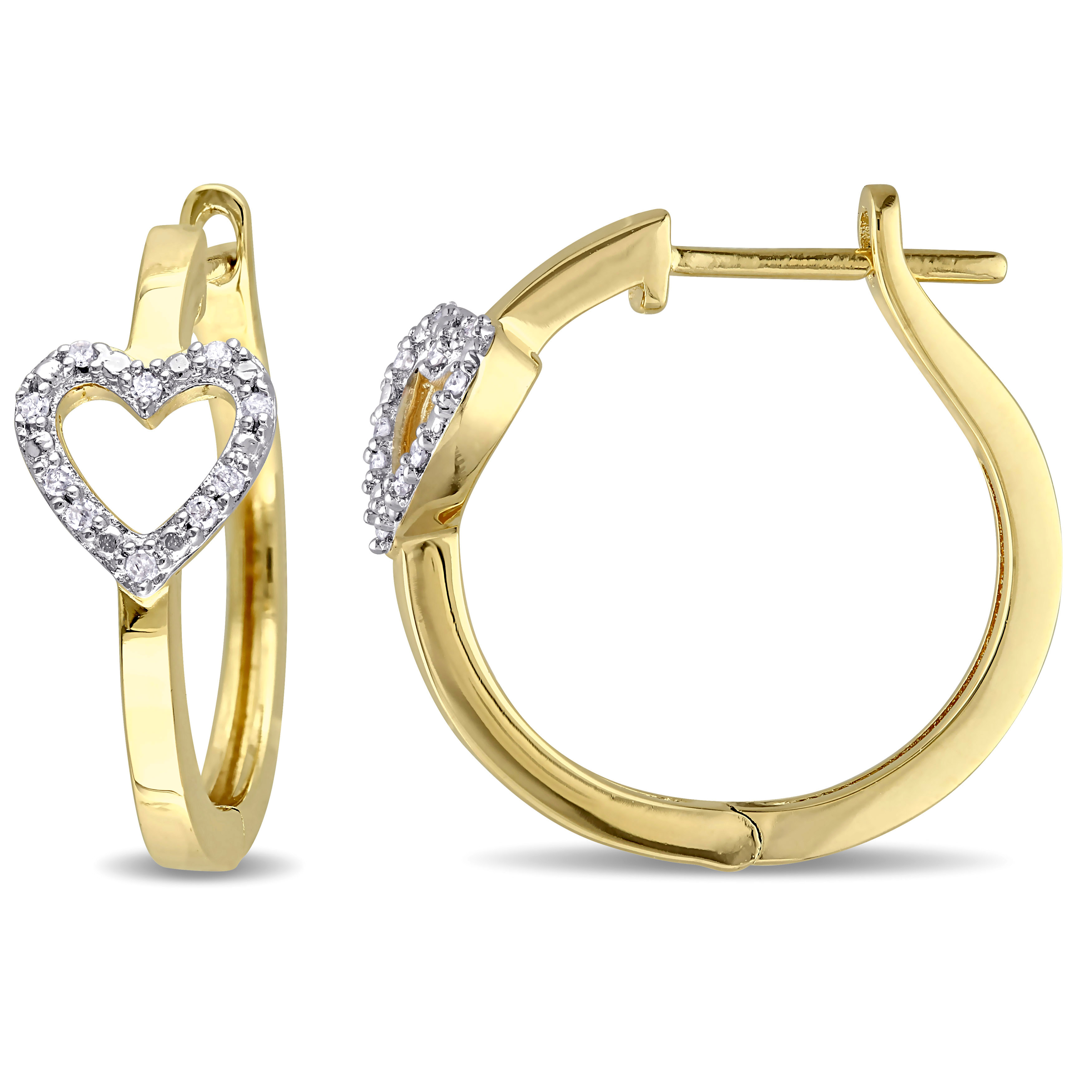 1/10 CT TW Diamond Heart Hinged Hoop Earrings in Yellow Plated Sterling Silver