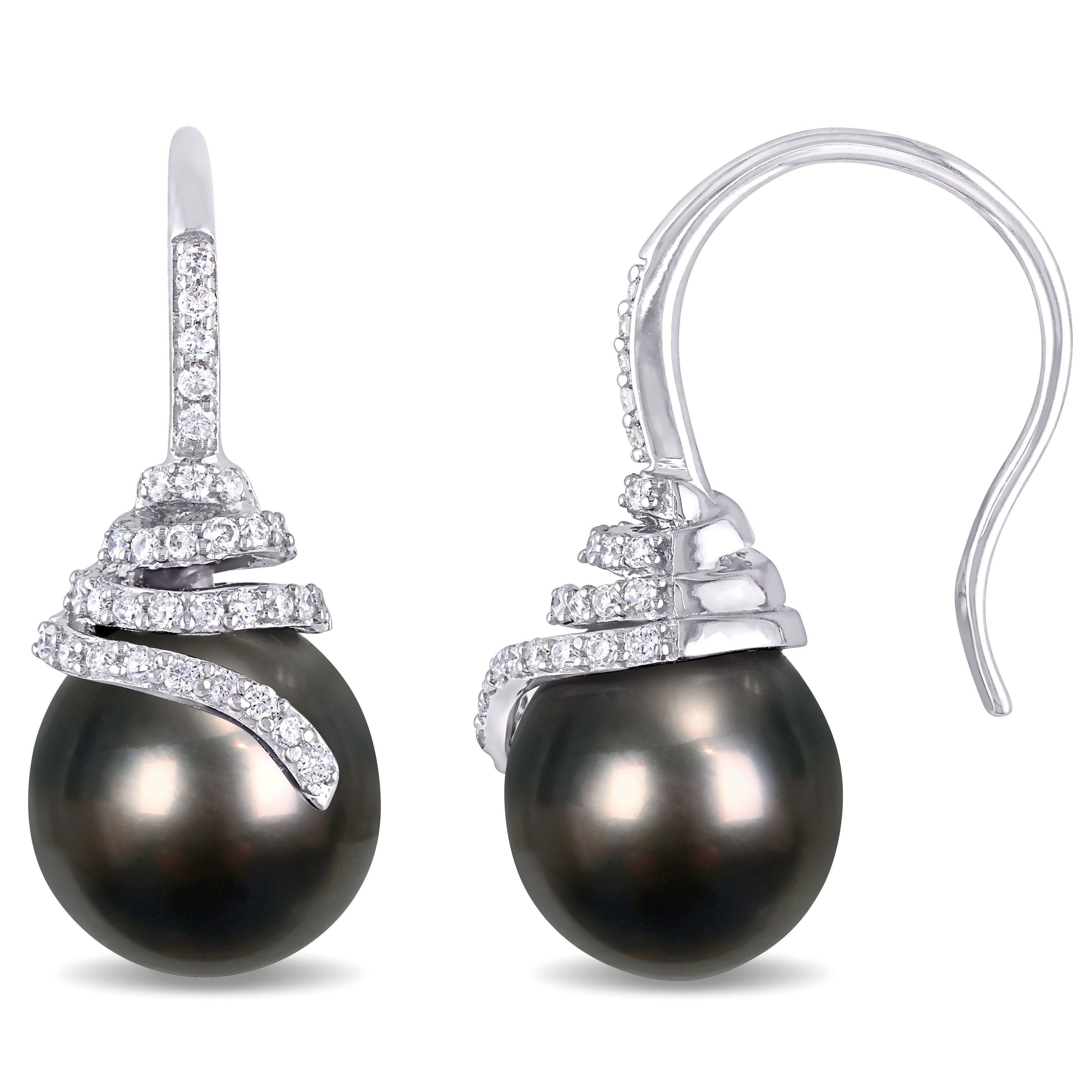 10 - 10.5 MM Black Tahitian Cultured Pearl and 1/3 CT TW Diamond Spiral Drop Earrings in 14k Yellow Gold