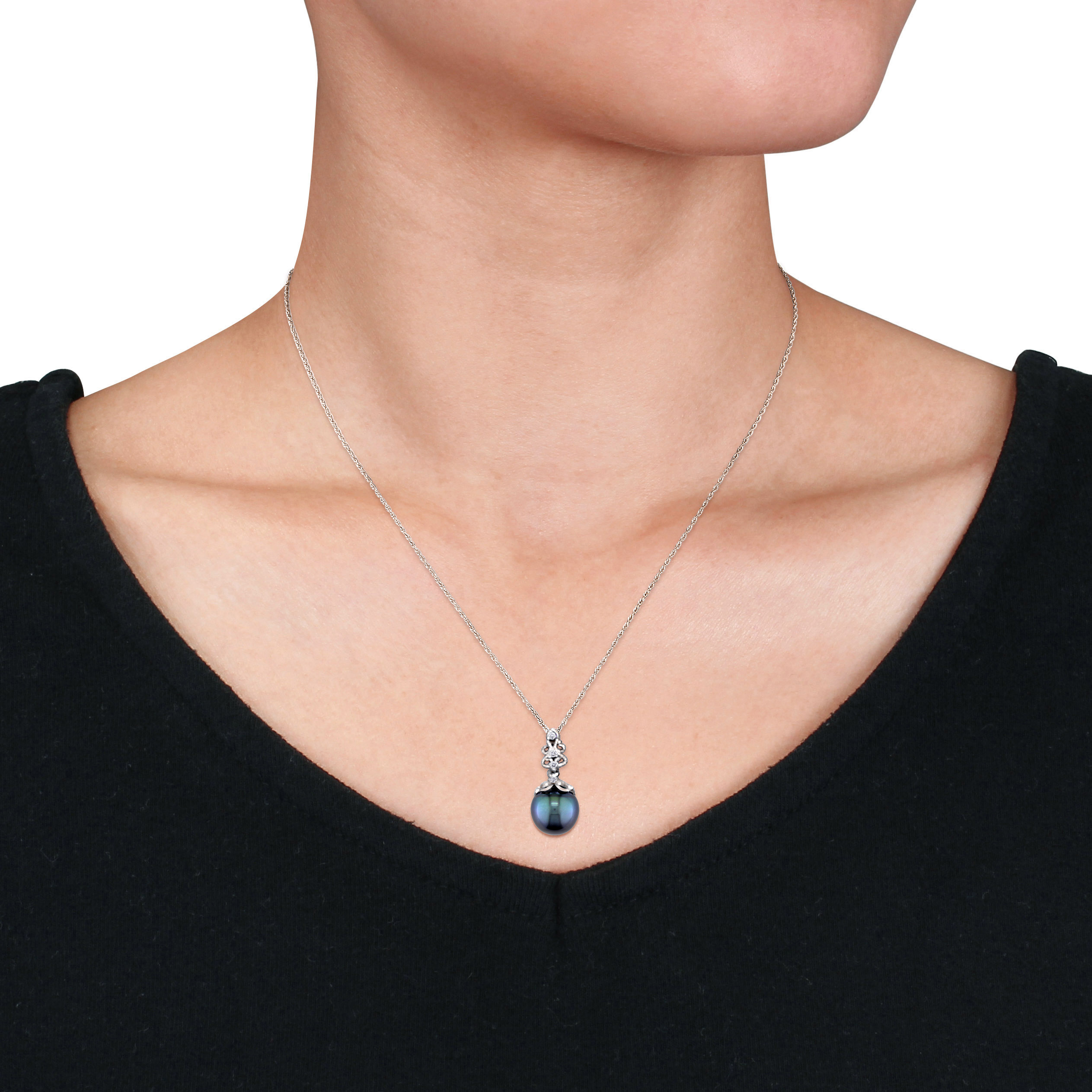 9 - 9.5 MM Black Tahitian Pearl and Diamond Vintage Drop Pendant With Chain in 14k White Gold