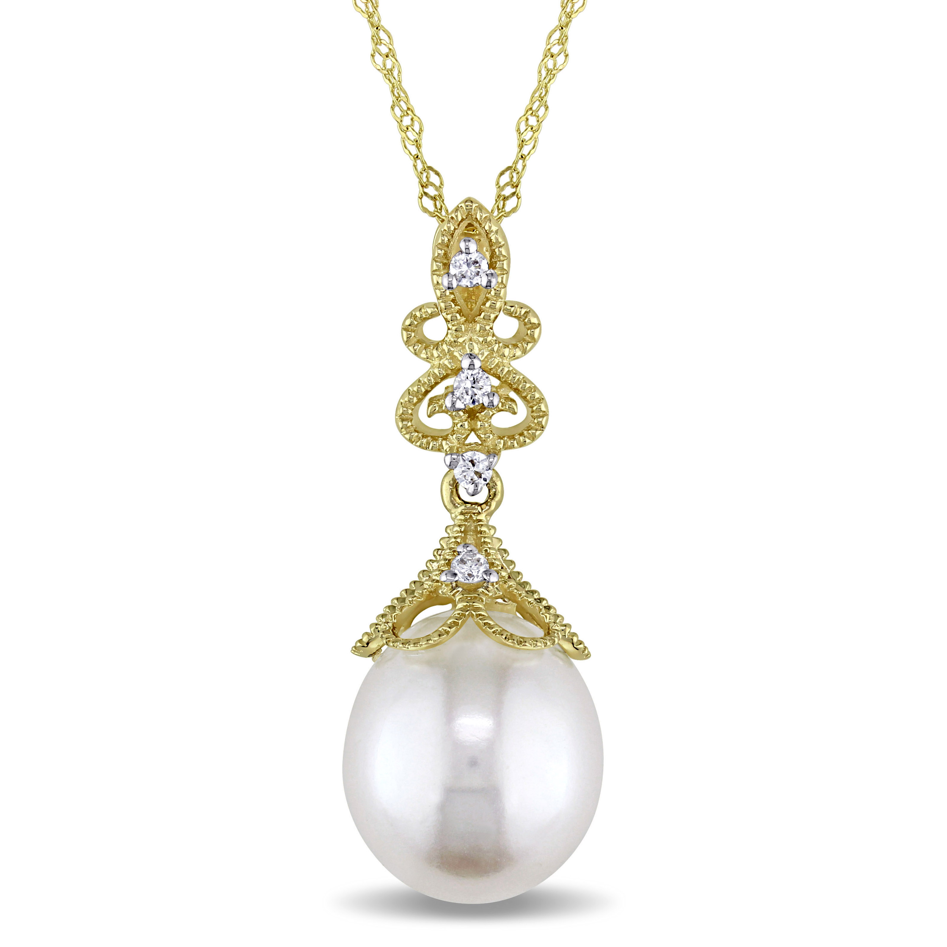 9 - 9.5 MM Cultured Freshwater Pearl and Diamond Vintage Drop Pendant With Chain in 14k Yellow Gold