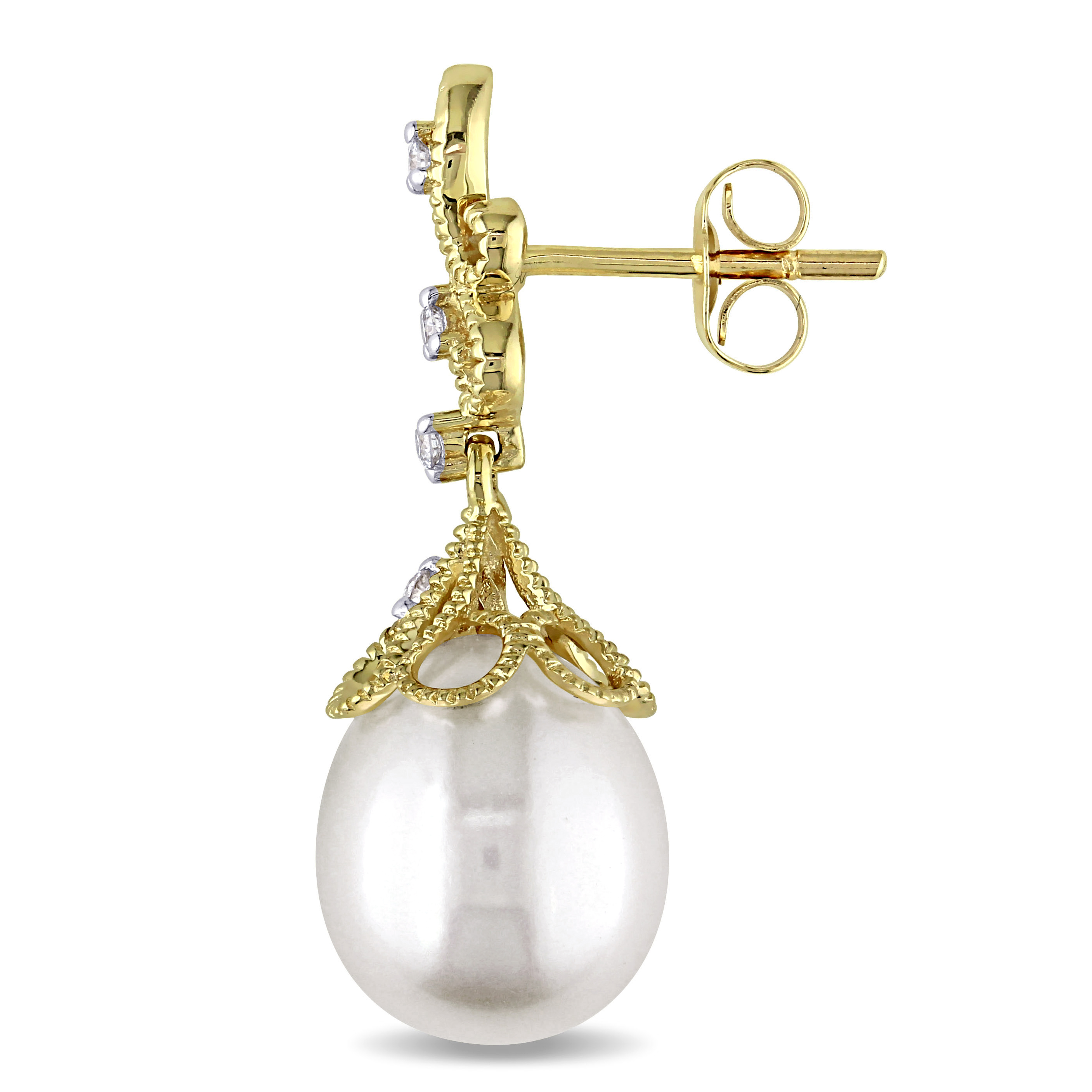9 - 9.5 MM Cultured Freshwater Pearl and 1/10 CT TW Diamond Vintage Drop Earrings in 14k Yellow Gold