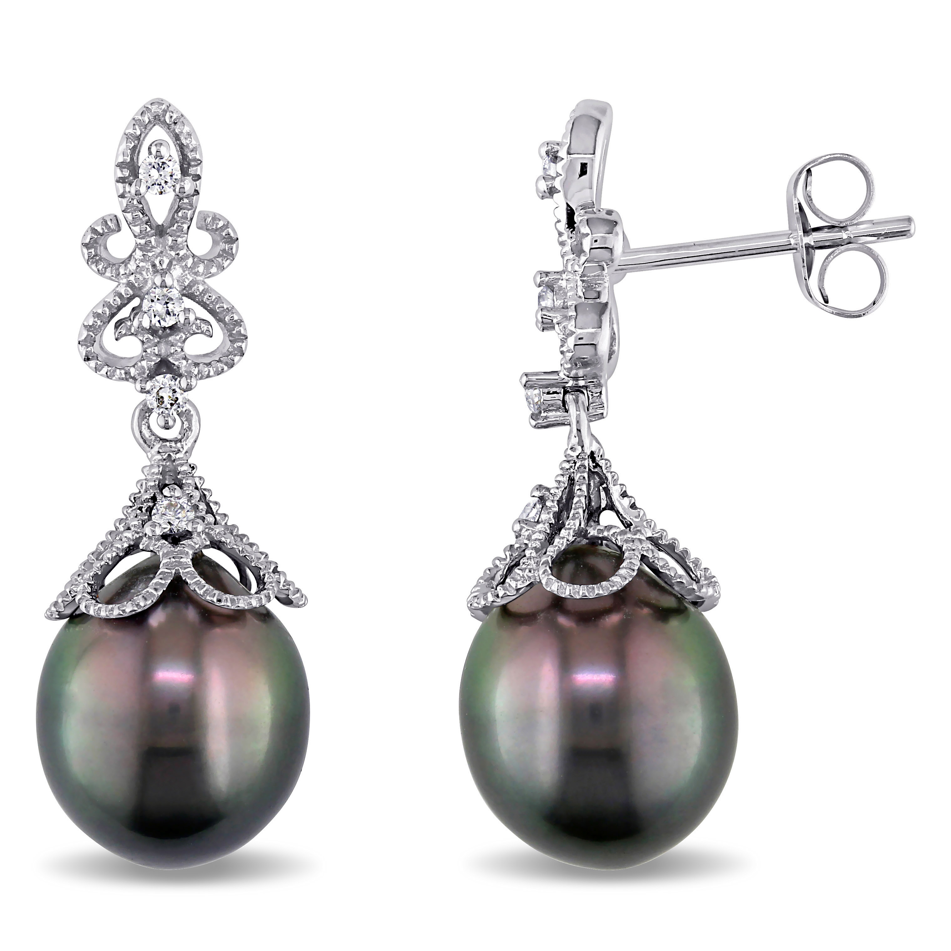 9 - 9.5 MM Black Tahitian Pearl and 1/10 CT TW Diamond Vintage Drop Earrings in 14k White Gold