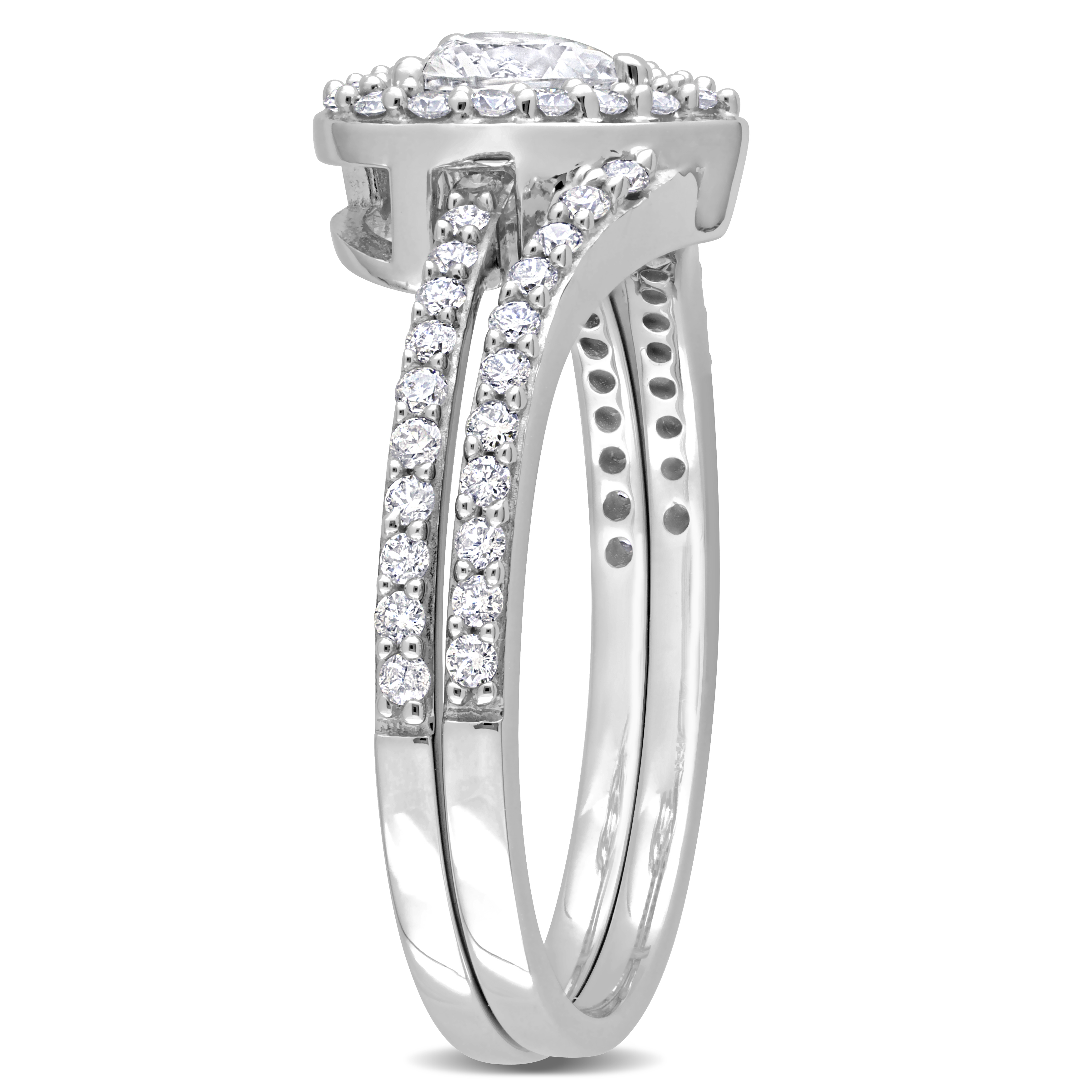 3/5 CT TGW Created White Sapphire and 1/2 CT TDW Diamond Heart Halo Split-Shank Ring Set in 10k White Gold
