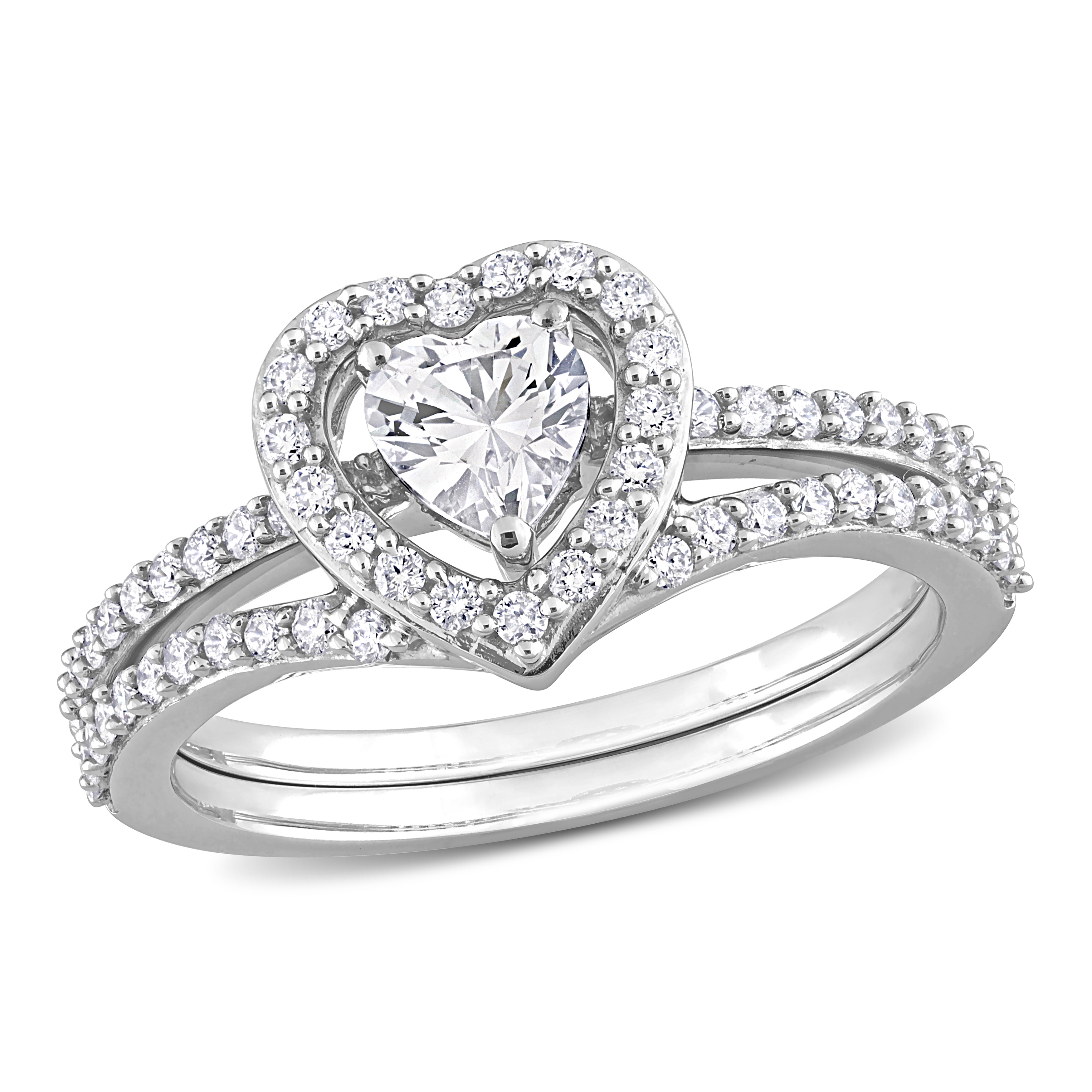 3/5 CT TGW Created White Sapphire and 1/2 CT TDW Diamond Heart Halo Split-Shank Ring Set in 10k White Gold