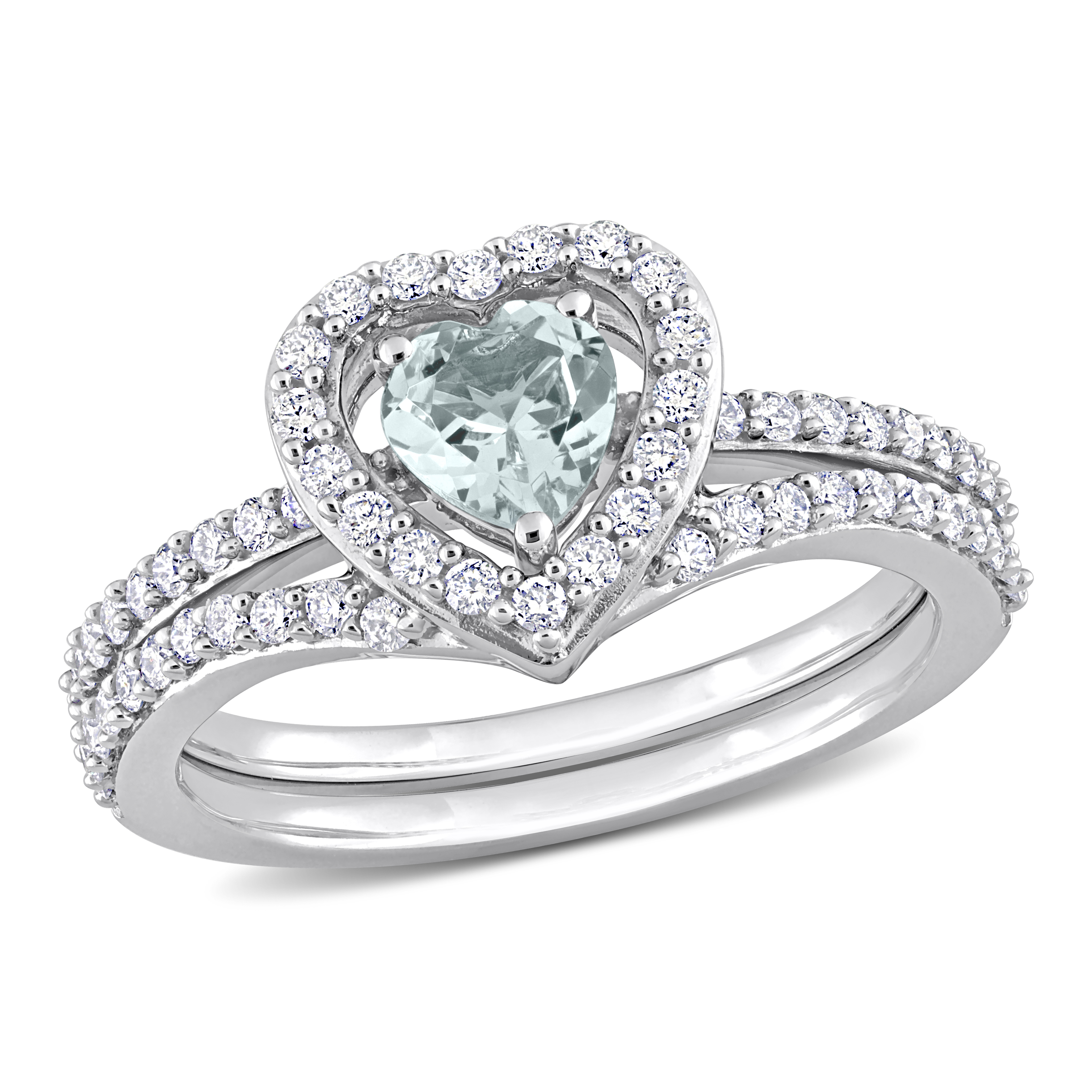 1/2 CT TDW Heart-Shape Diamond and 1/3 CT TGW Aquamarine Bridal Ring Set in 10k White Gold