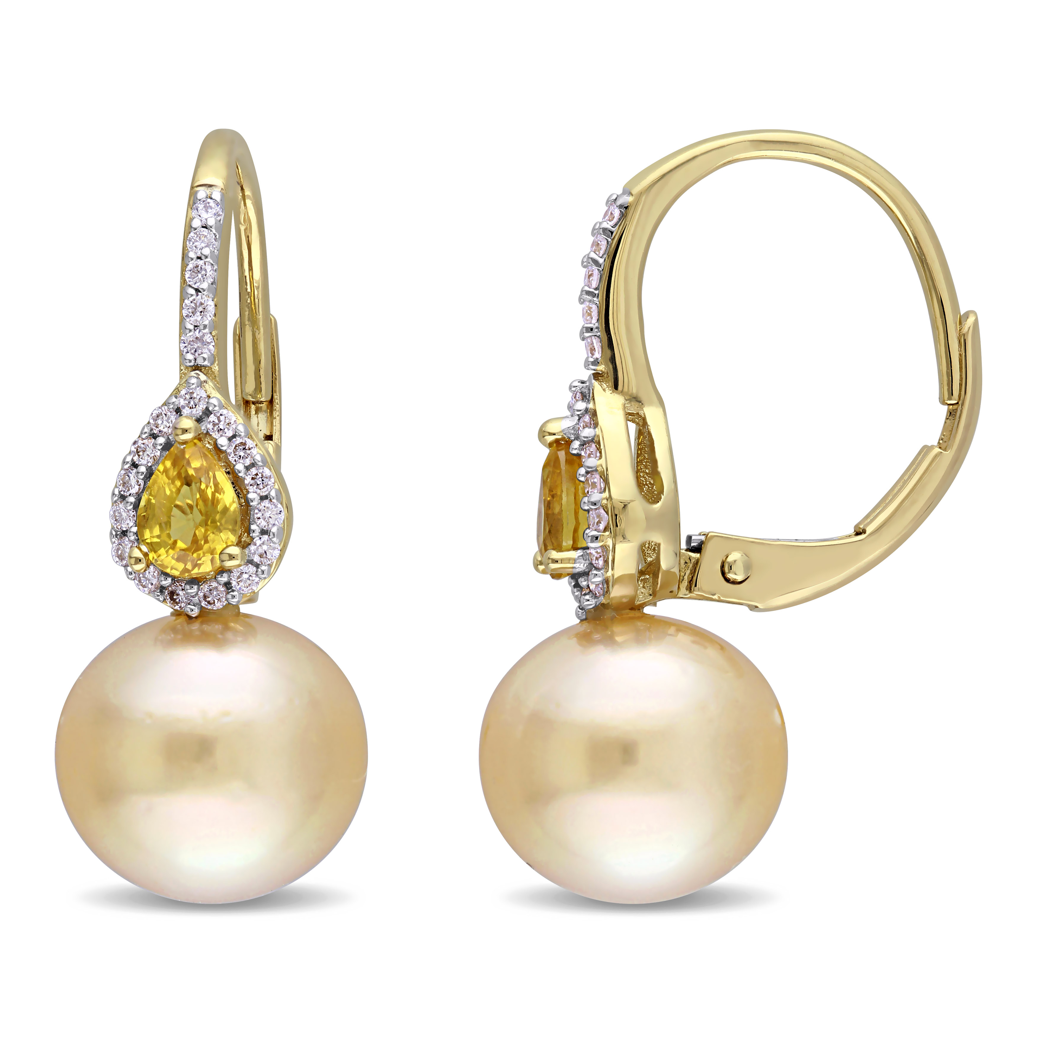 1/8 CT TW Diamond, 9 - 9.5 MM Golden South Sea Pearl and Yellow Sapphire Drop Leverback Earrings in 14k Yellow Gold