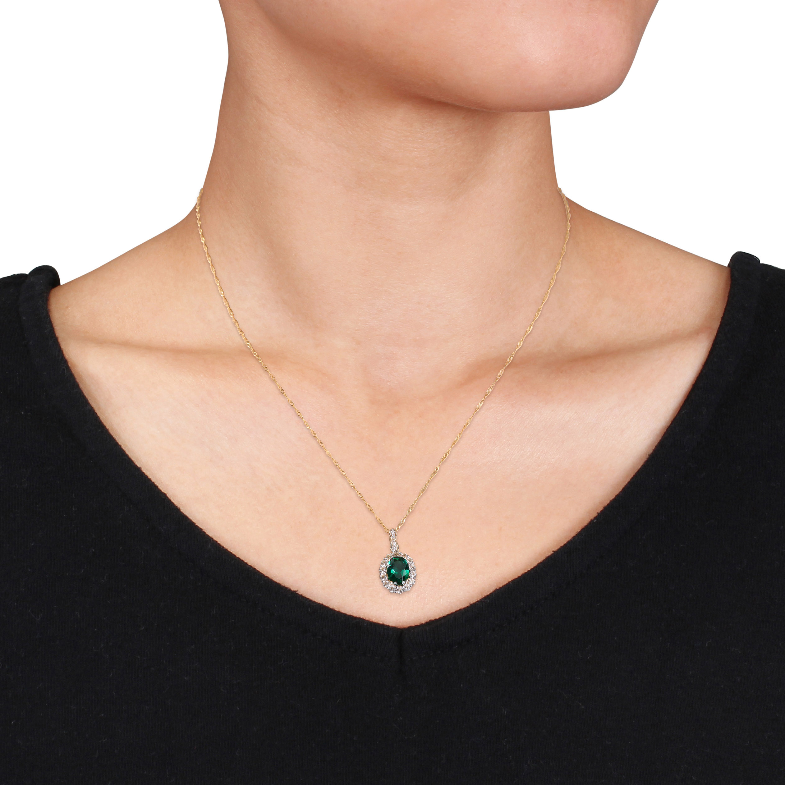 Oval Shape Created Emerald, White Topaz, and Diamond Accent Vintage Pendant with Chain in 14k Yellow Gold