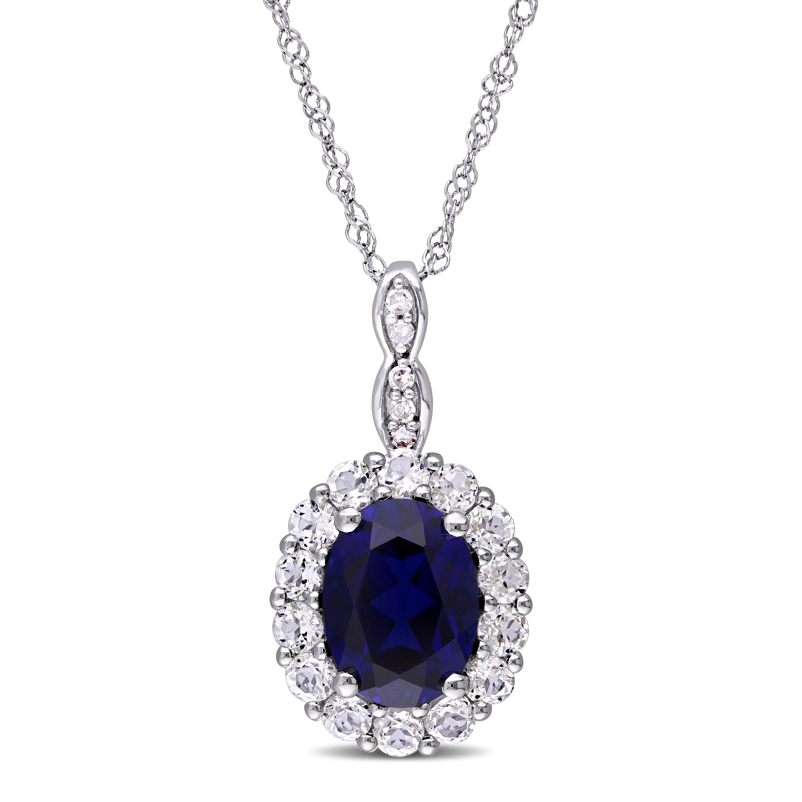 Oval Shape Created Blue Sapphire, White Topaz and Diamond Accent Vintage Pendant With Chain in 14k White Gold
