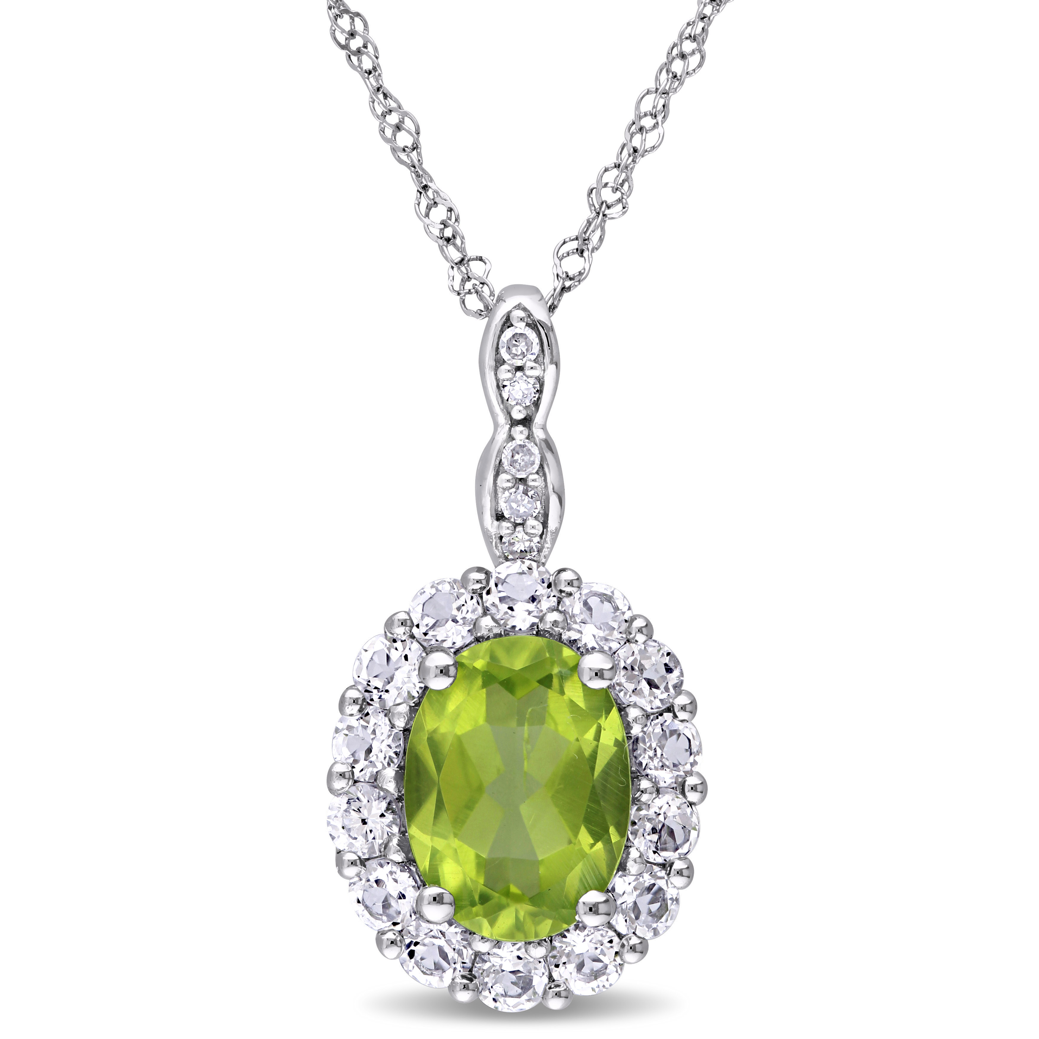 Oval Shape Peridot, White Topaz and Diamond Accent Vintage Pendant With Chain in 14k White Cold