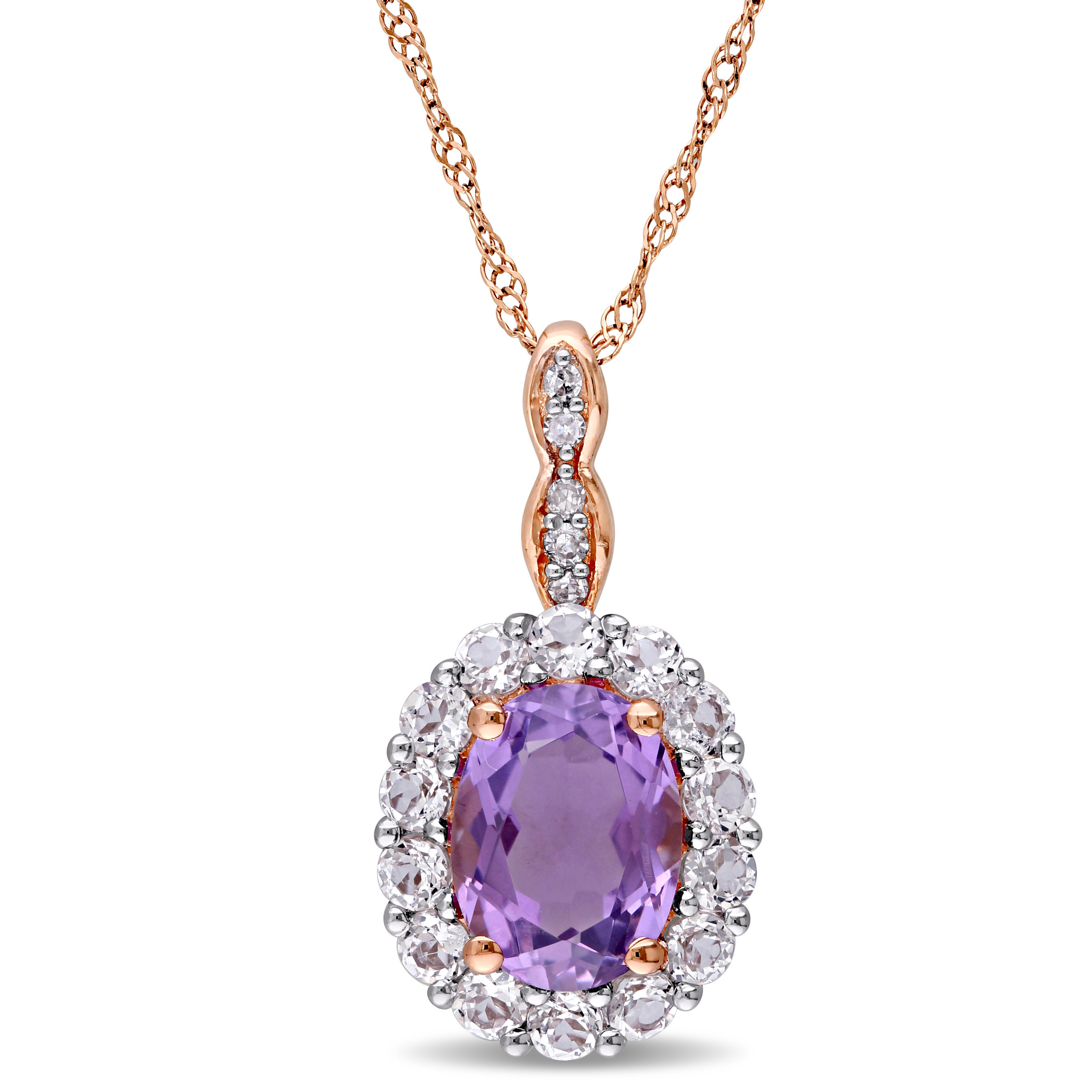 Oval Shape Amethyst, White Topaz, and Diamond Accent Vintage Pendant With Chain in 14k Rose Gold