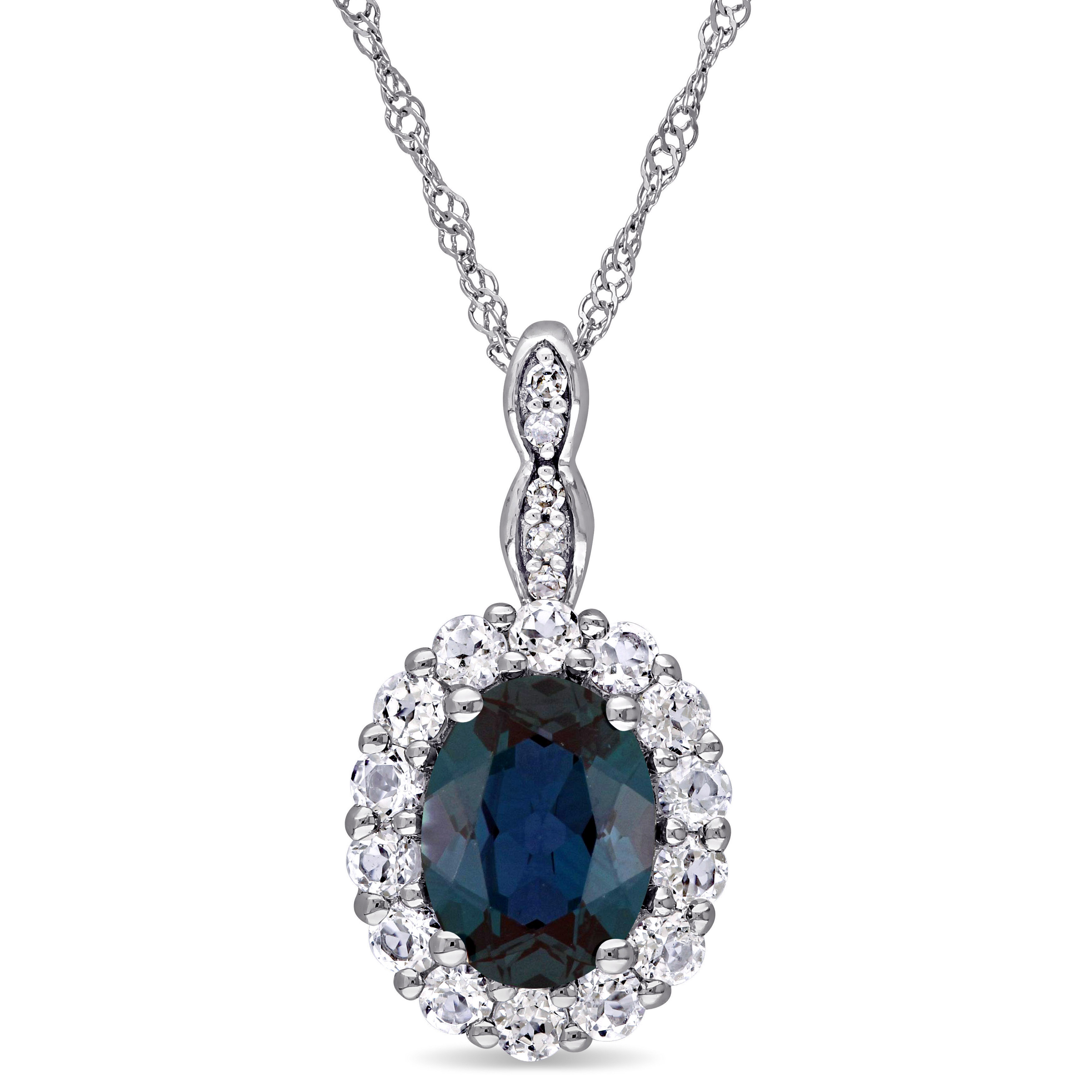 Oval Shape Simulated Alexandrite, White Topaz and Diamond Accent Vintage Pendant With Chain in 14k White Gold