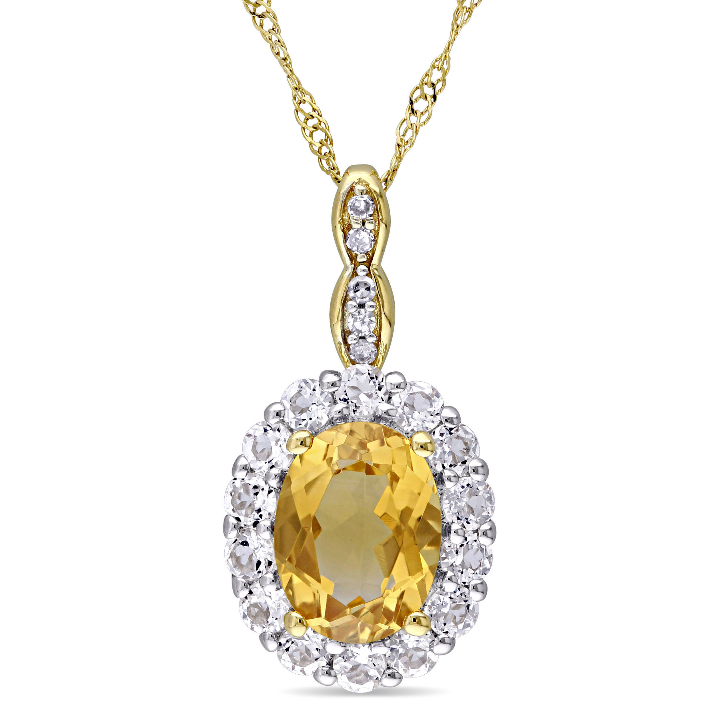 Oval Shape Citrine, White Topaz and Diamond Accent Vintage Pendant With Chain in 14k Yellow Gold