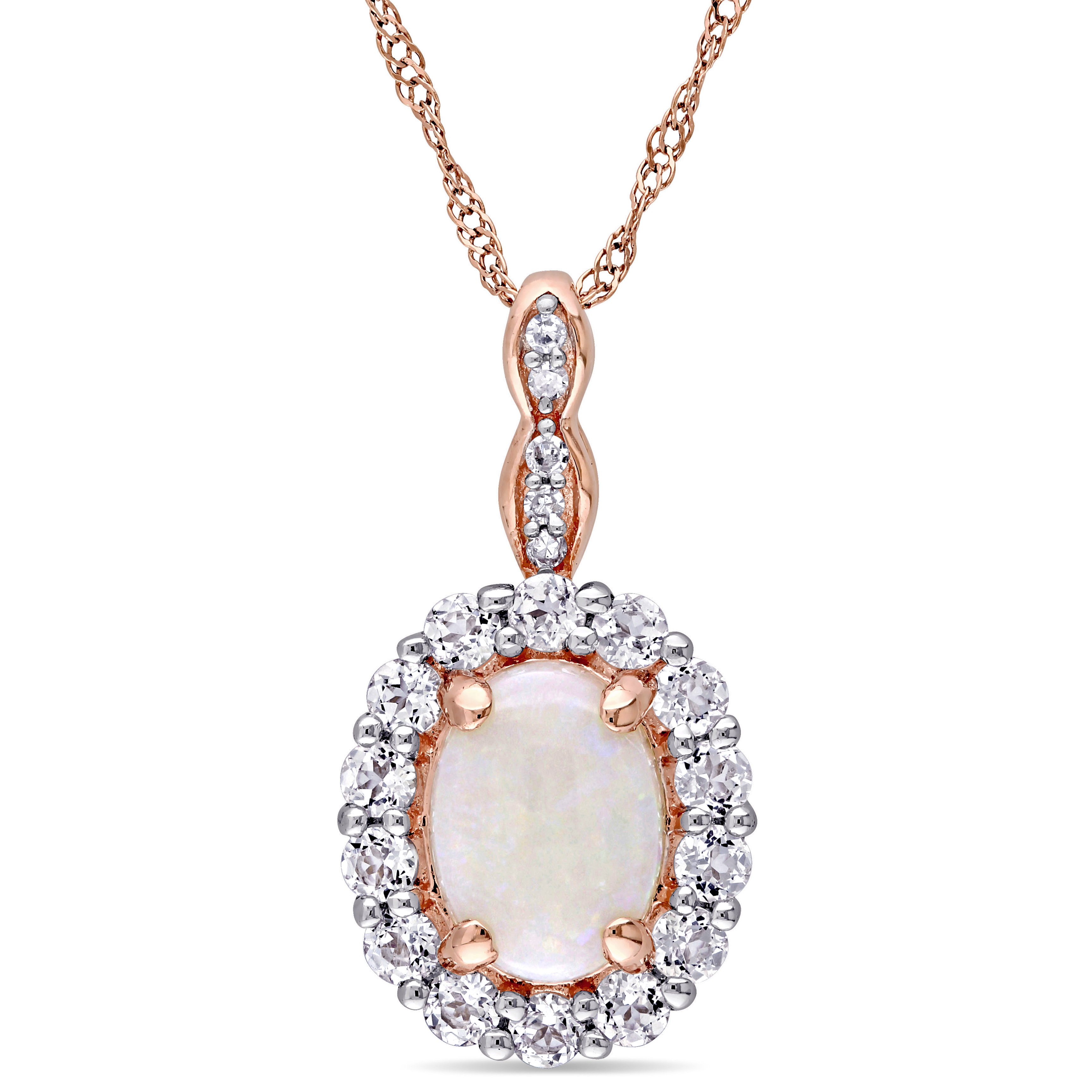 Oval Shape Opal, White Topaz and Diamond Accent Vintage Pendant With Chain in 14k Rose Gold