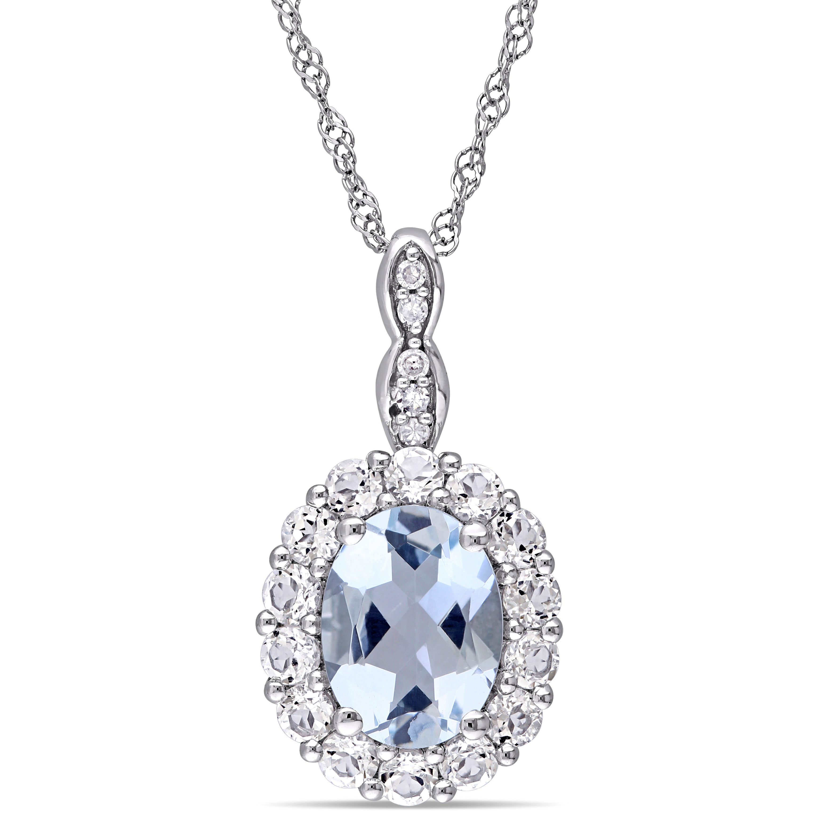 Oval Shape Aquamarine, White Topaz and Diamond Accent Vintage Pendant With Chain in 14k White Gold