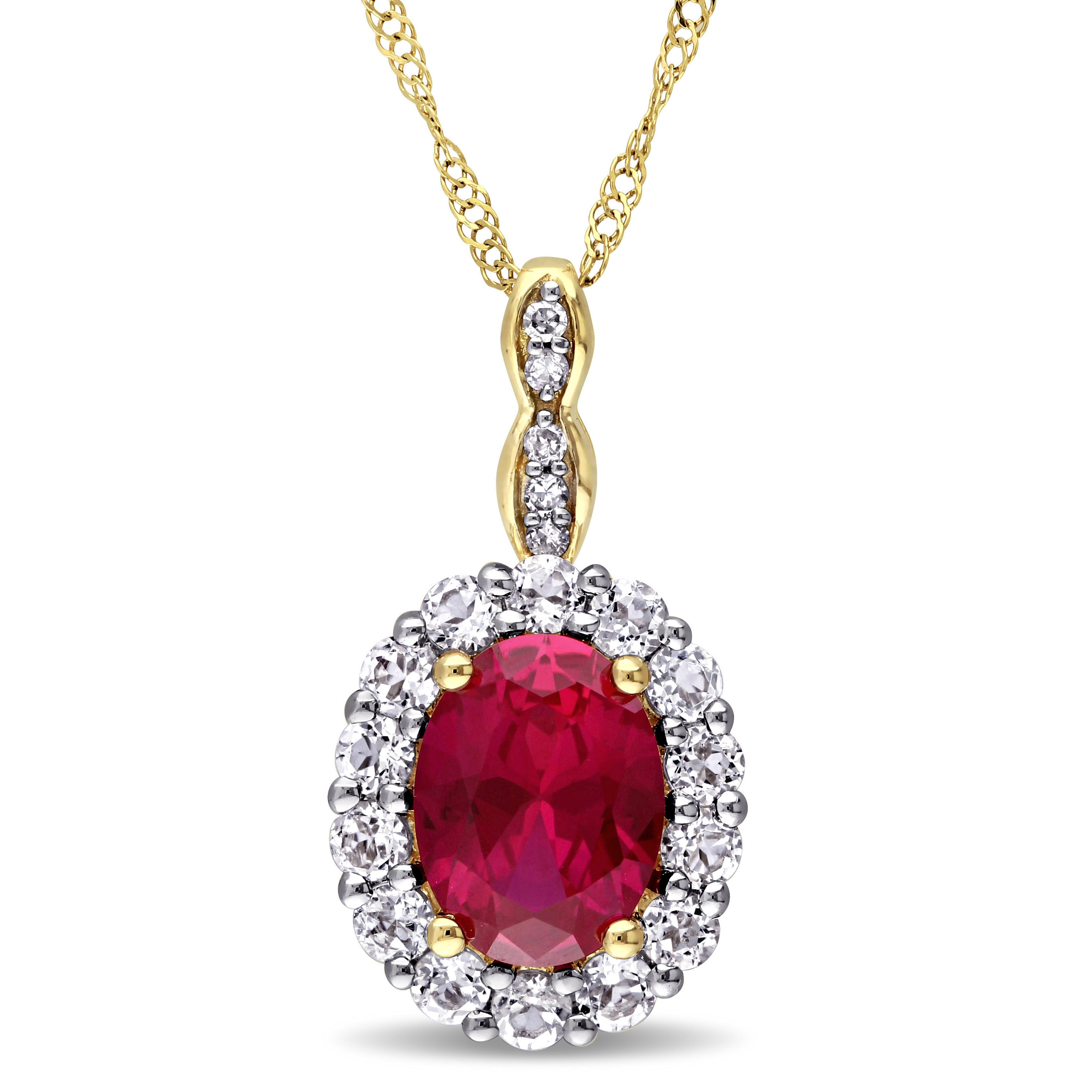 Oval Shape Created Ruby, White Topaz and Diamond Accent Vintage Pendant With Chain in 14k Yellow Gold