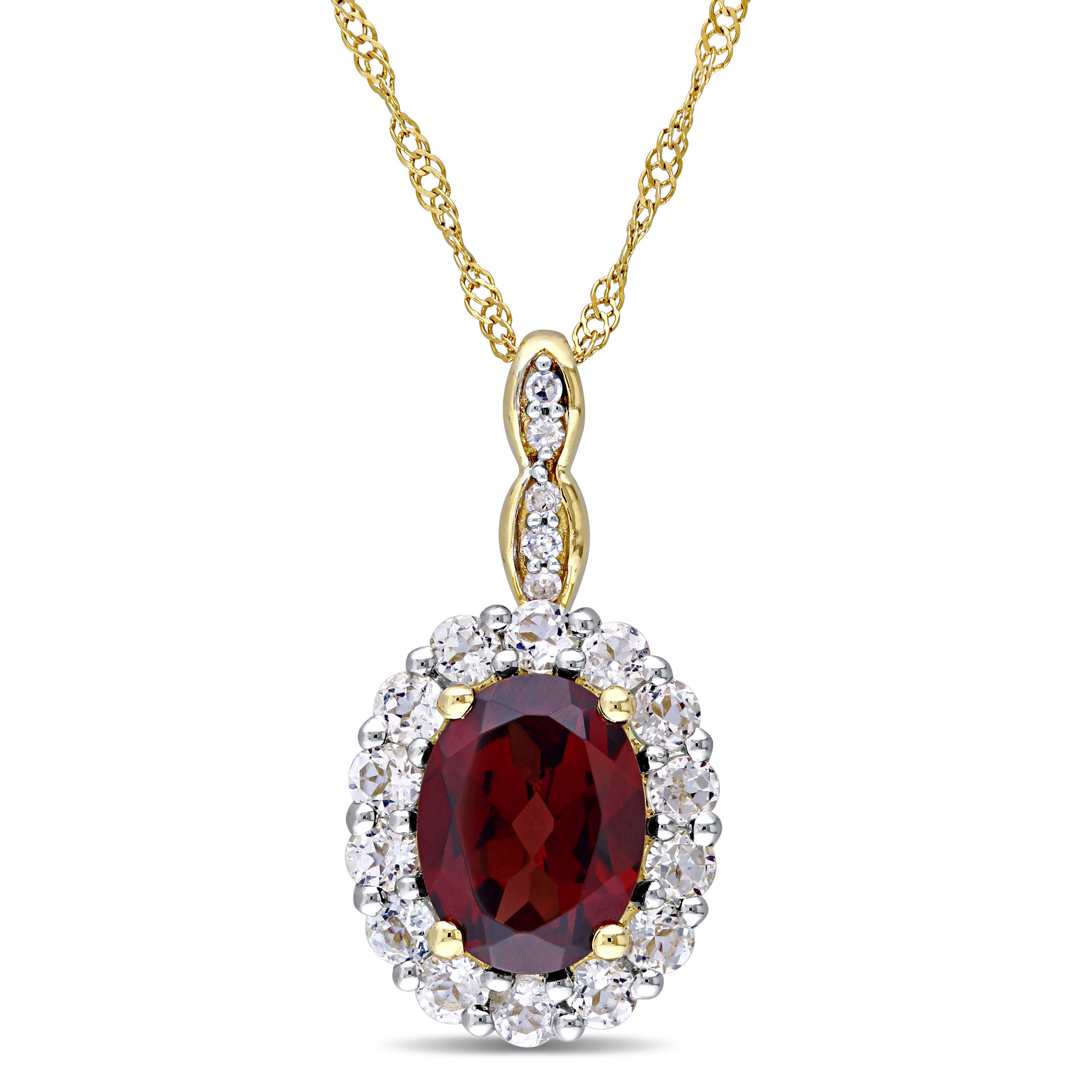 Oval Shape Garnet, White Topaz, and Diamond Accent Vintage Pendant with Chain in 14k Yellow Gold