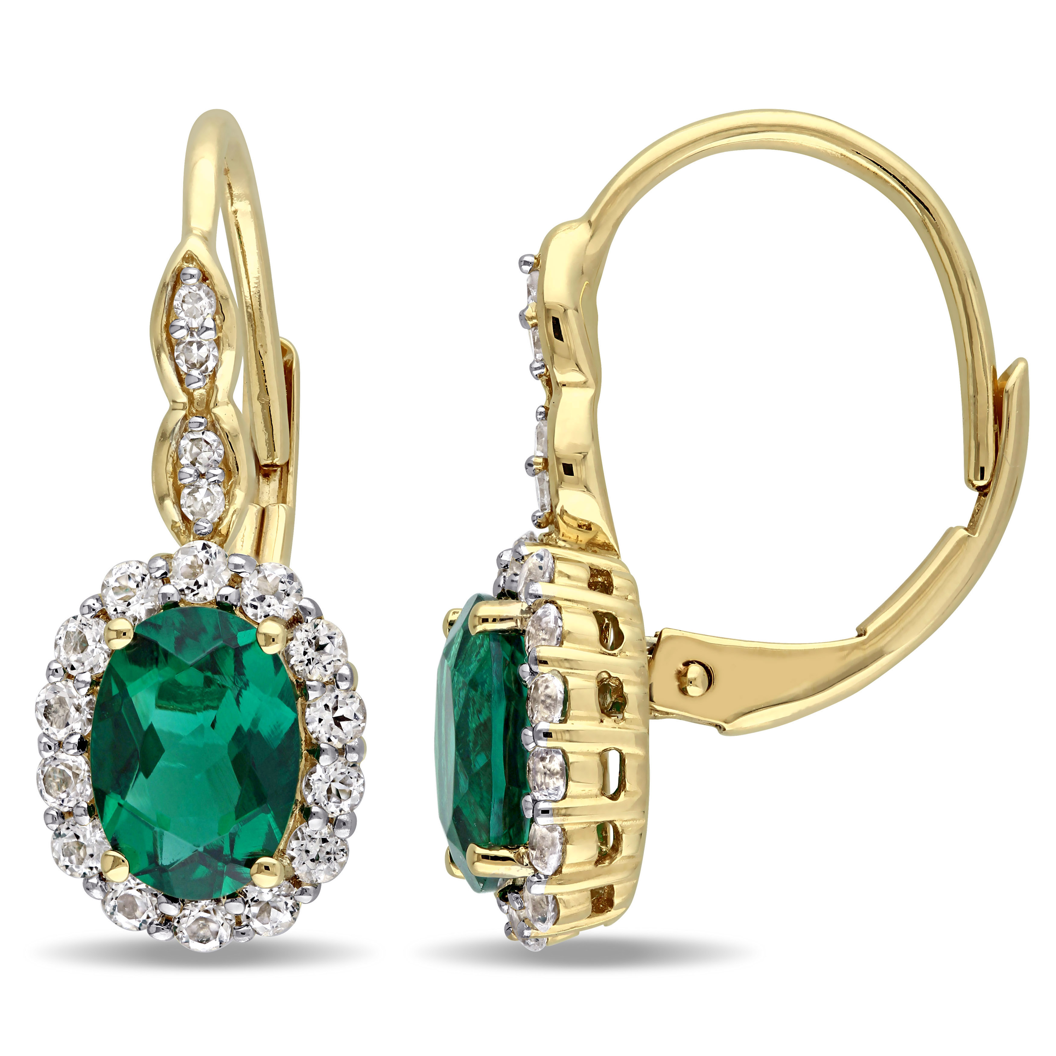 2 1/4 CT TGW Oval Shape Created Emerald, White Topaz and Diamond Accent Vintage LeverBack Earrings in 14k Yellow Gold