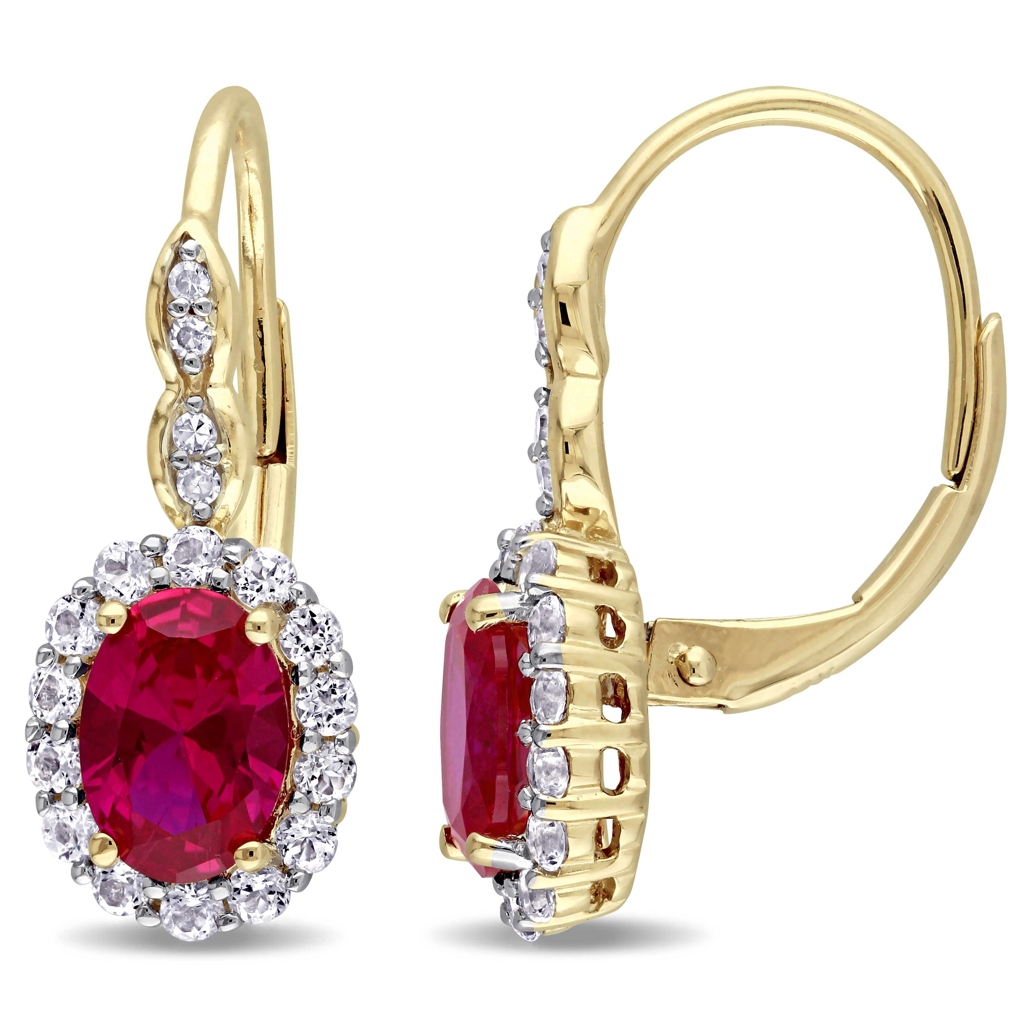 3 3/8 CT TGW Oval Shape Created Ruby, White Topaz and Diamond Accent Vintage LeverBack Earrings in 14k Yellow Gold