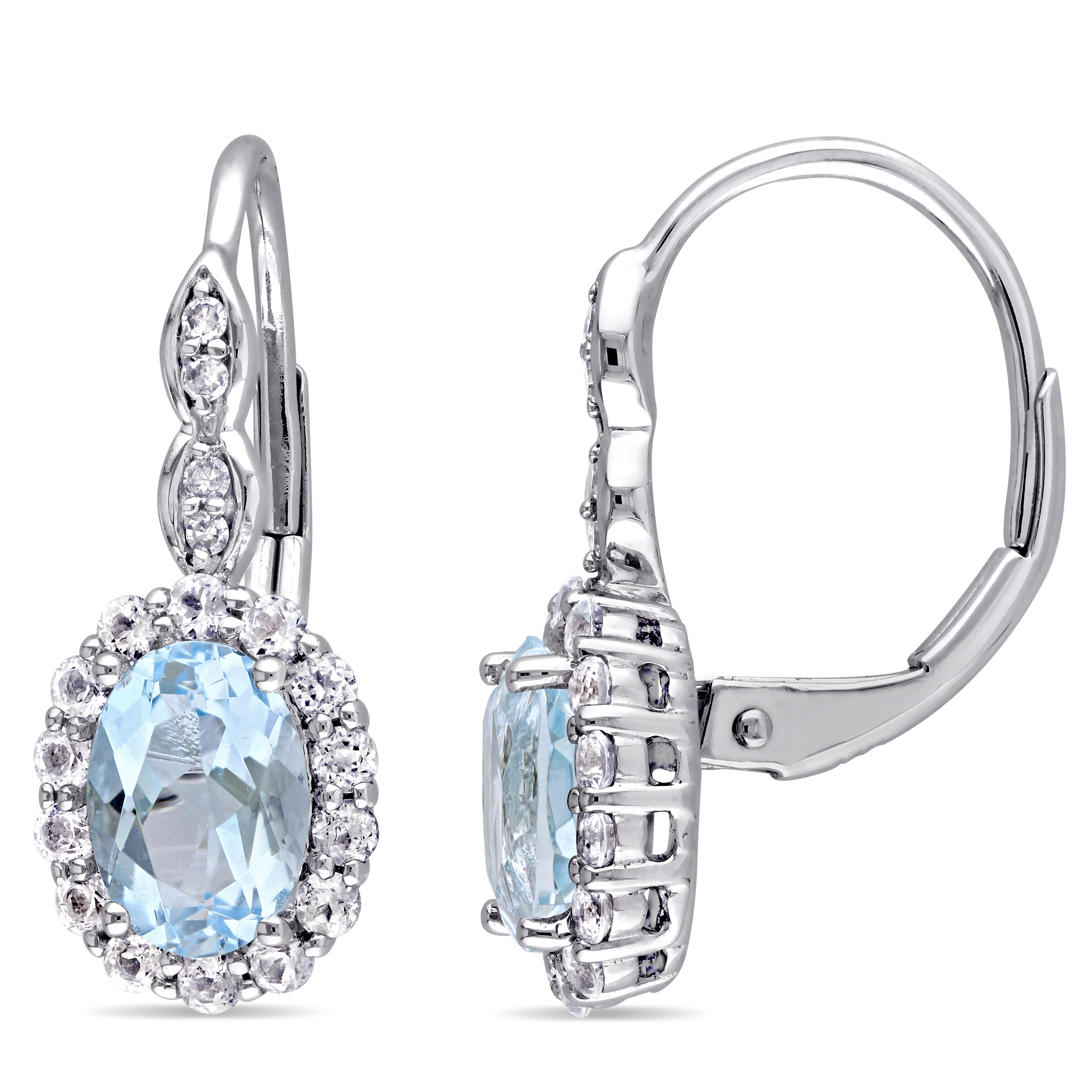 2 3/4 CT TGW Oval Shape Blue Topaz, White Topaz and Diamond Accent Vintage LeverBack Earrings in 14k White Gold