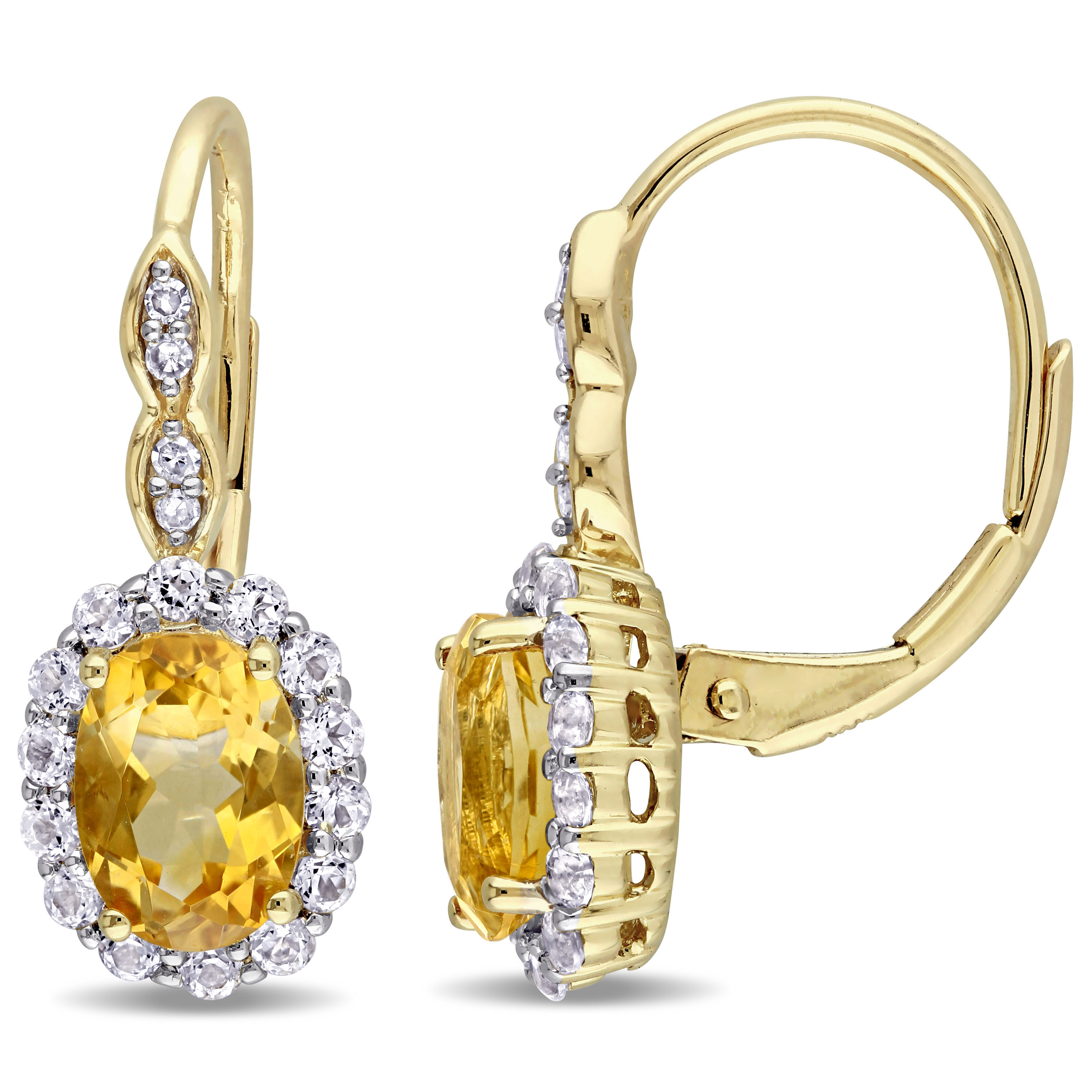 2 1/4 CT TGW Oval Shape Citrine, White Topaz and Diamond Accent Vintage LeverBack Earrings in 14k Yellow Gold