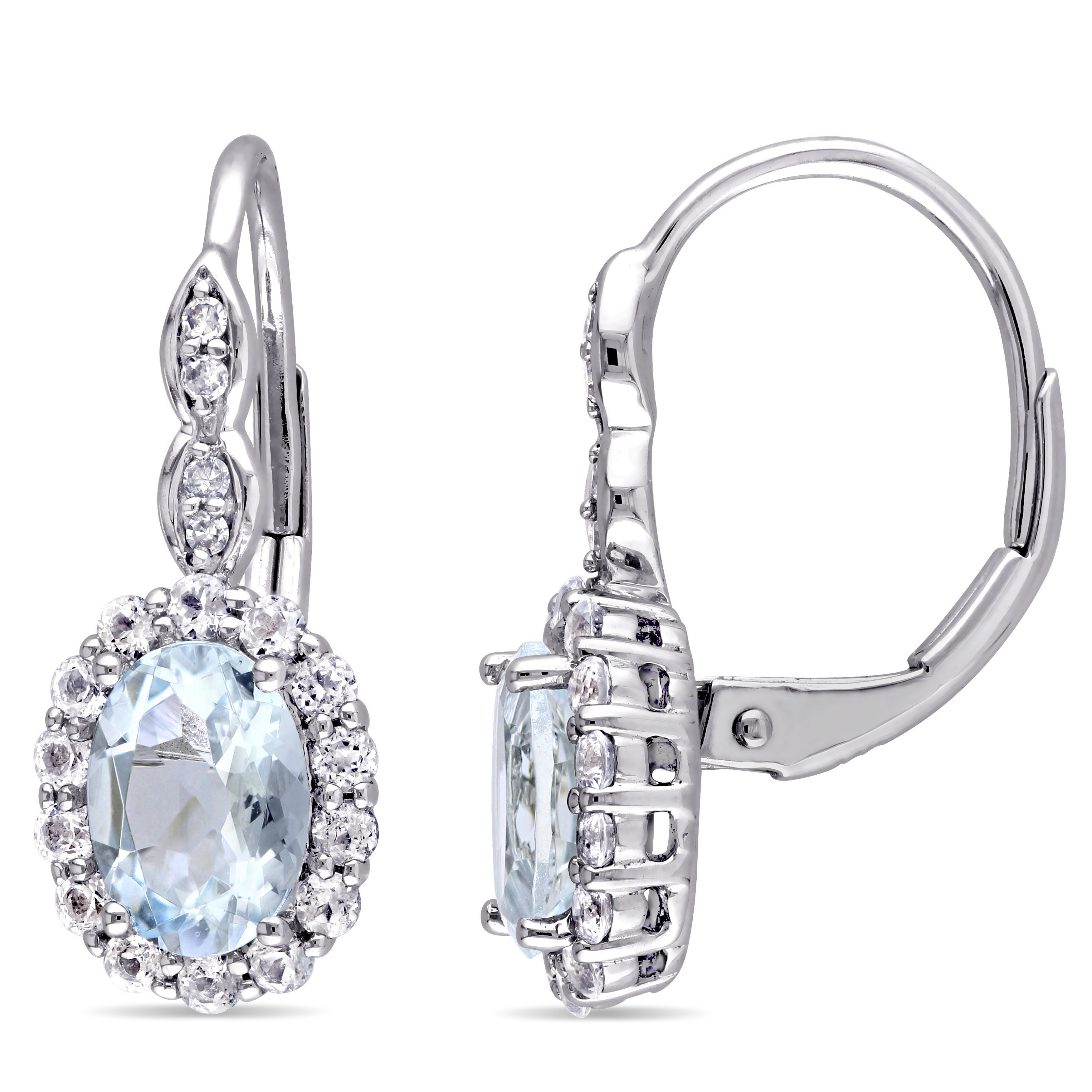 2 CT TGW Oval Shape Aquamarine, White Topaz and Diamond Accent Vintage LeverBack Earrings in 14k White Gold