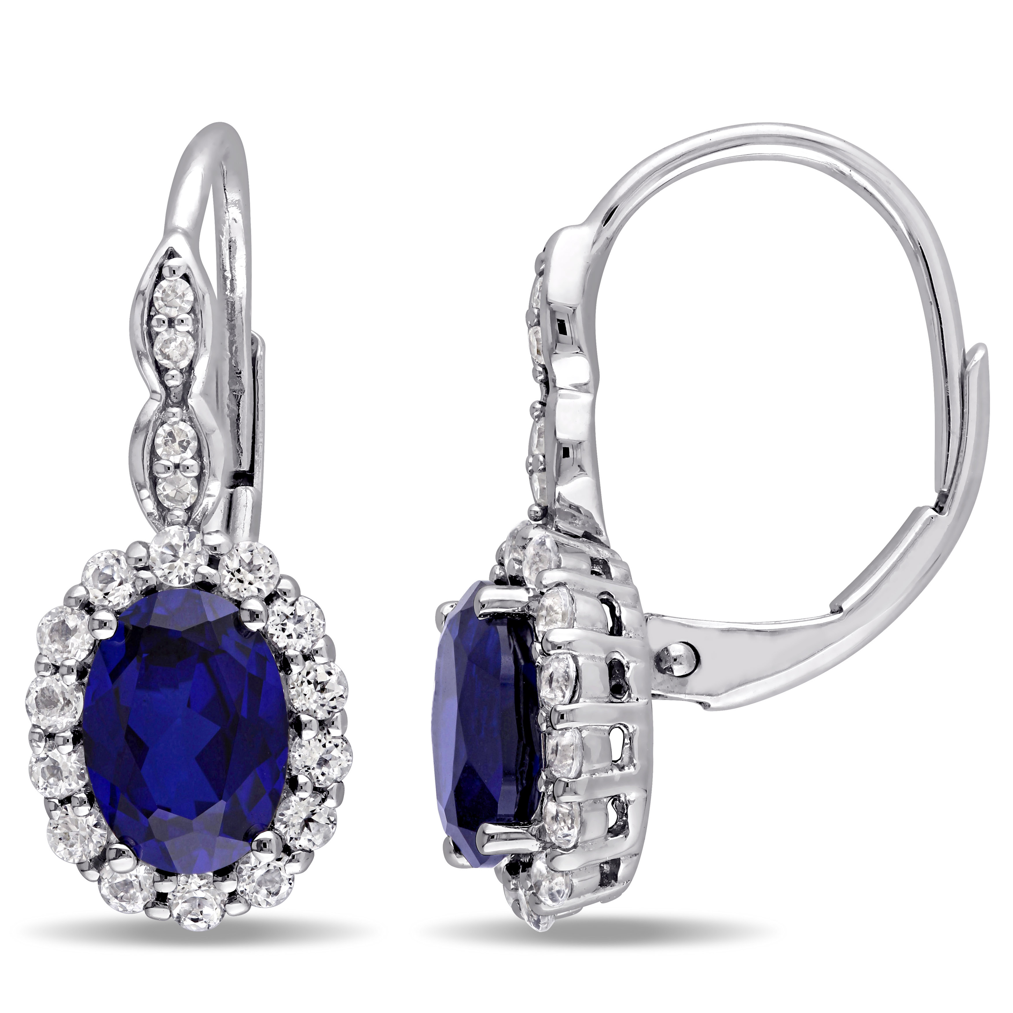3 3/8 CT TGW Oval Shape Created Blue Sapphire, White Topaz and Diamond Accent Vintage LeverBack Earrings in White Gold