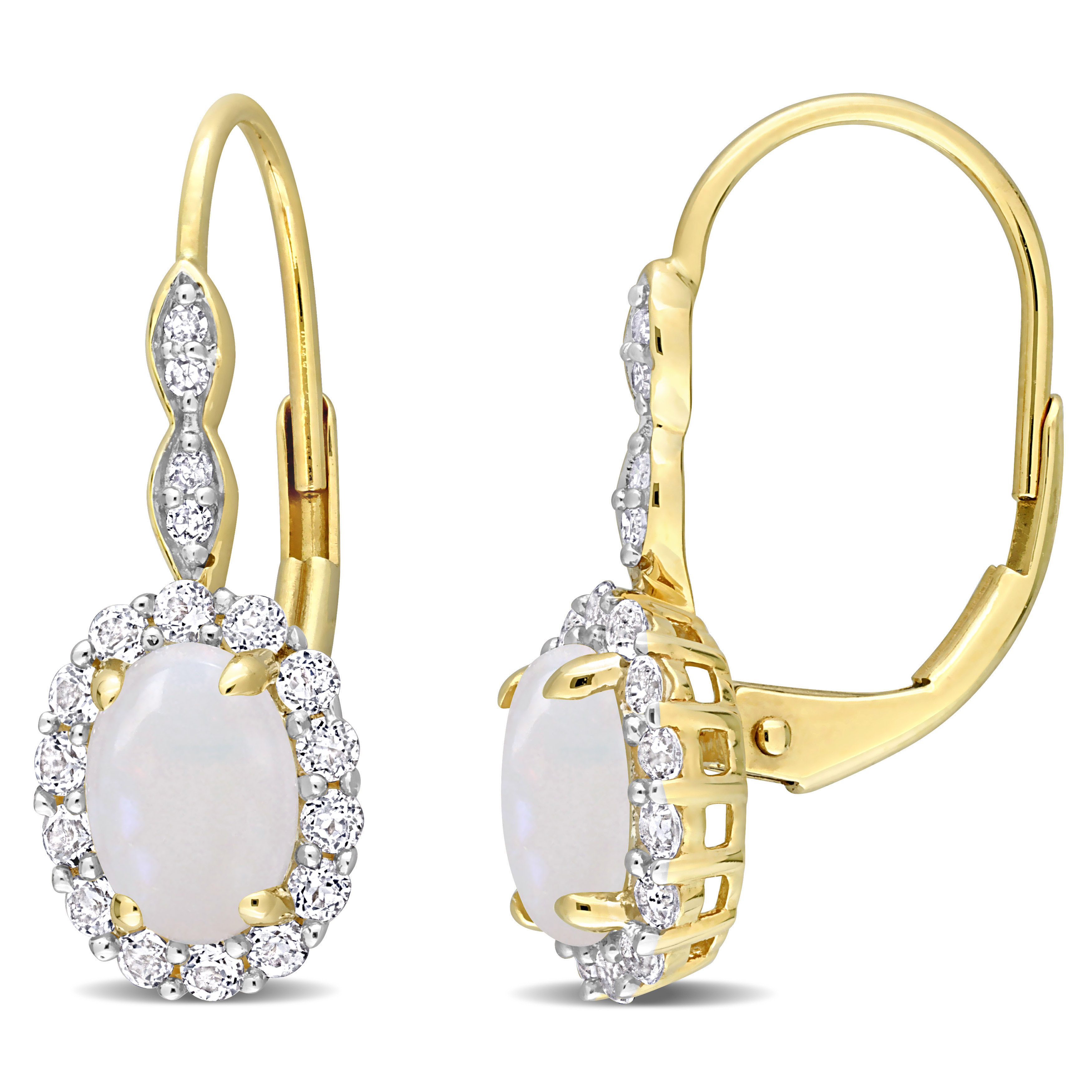 1 3/4 CT TGW Oval Shape Opal and White Topaz and Diamond Accent Halo Leverback Earrings in 14k Yellow Gold