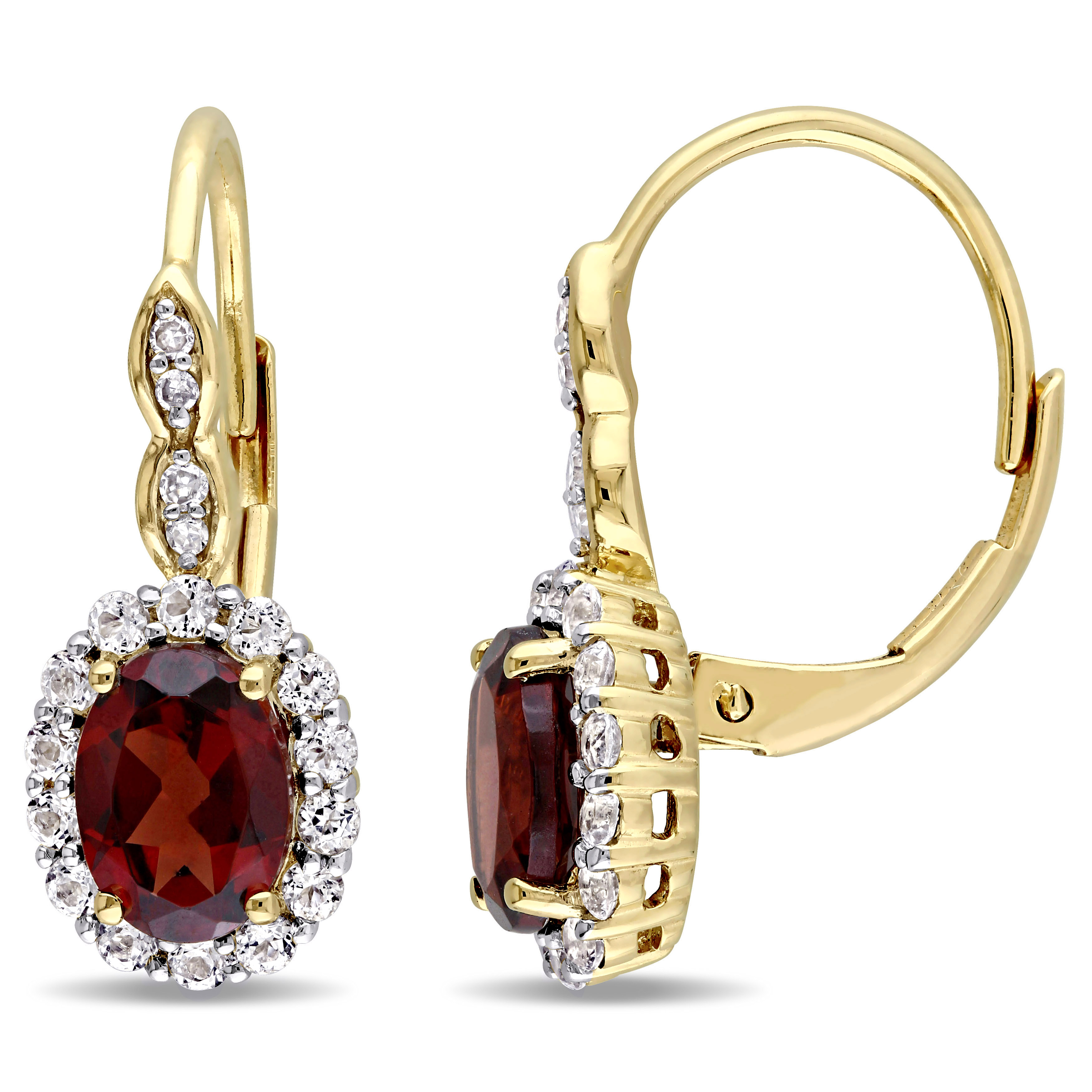 2 3/4 CT TGW Oval Shape Garnet, White Topaz, and Diamond Accent Vintage Leverback Earrings in 14k Yellow Gold