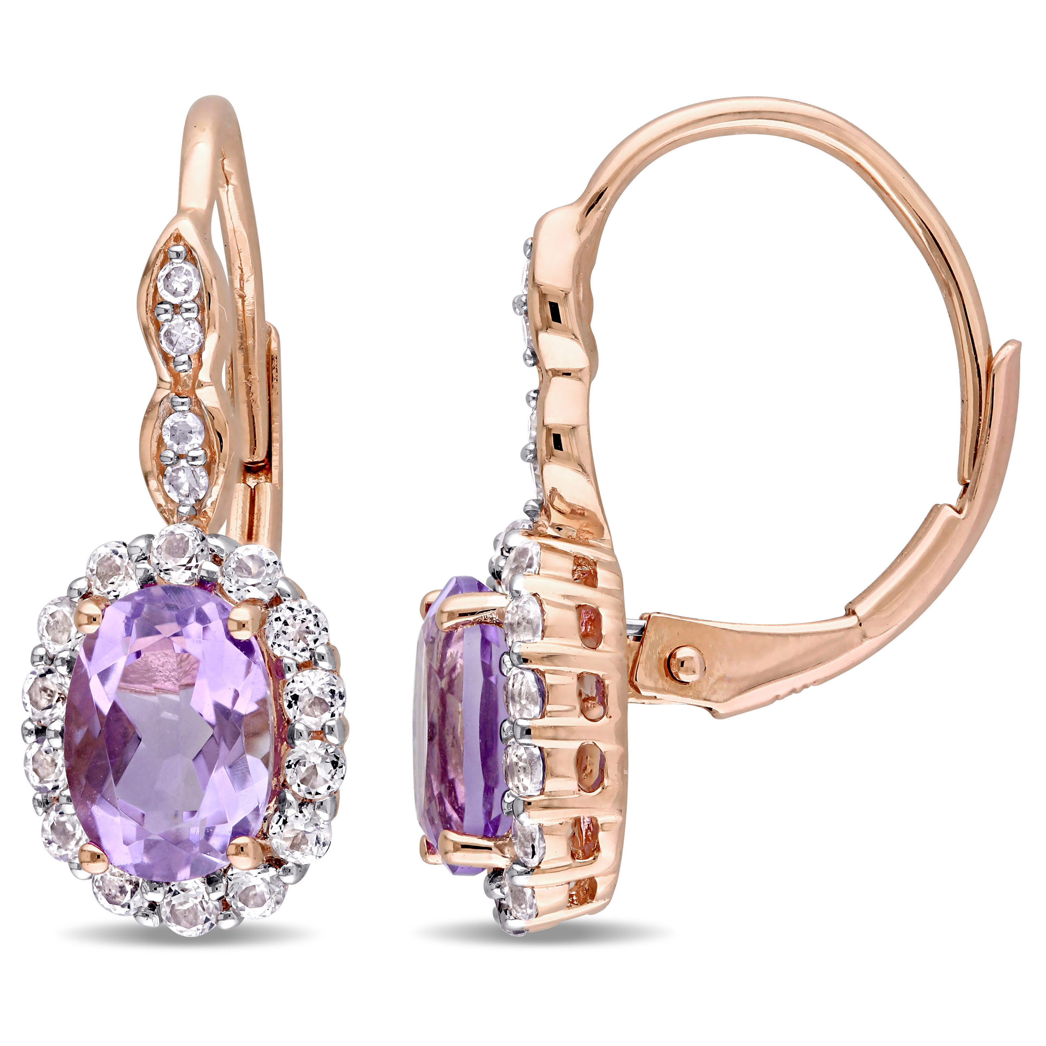 2 1/4 CT TGW Oval Shape Amethyst, White Topaz and Diamond Accent Vintage LeverBack Earrings in 14k Rose Gold