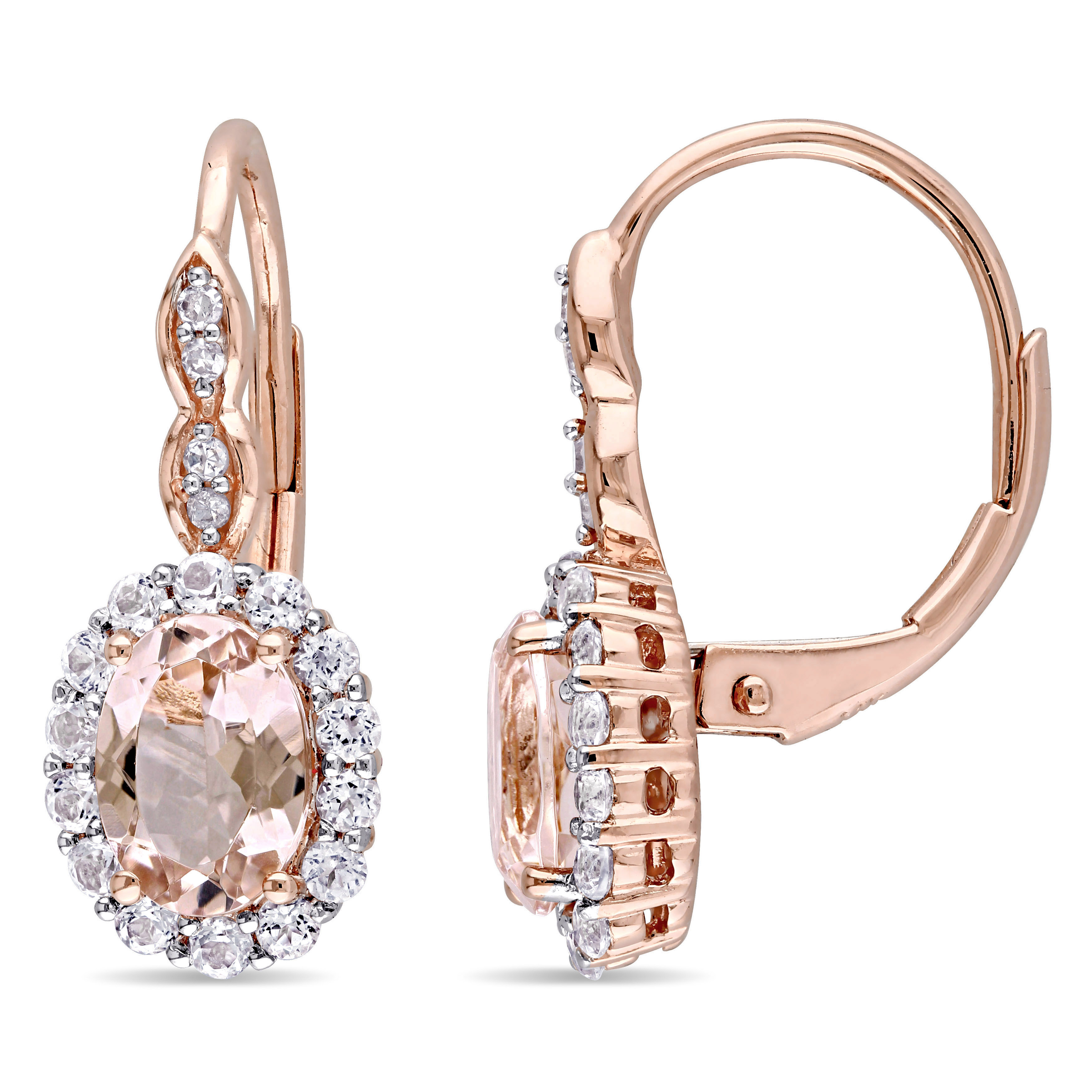 2 1/4 CT TGW Oval Shape Morganite, White Topaz and Diamond Accent Vintage LeverBack Earrings in 14k Rose Gold
