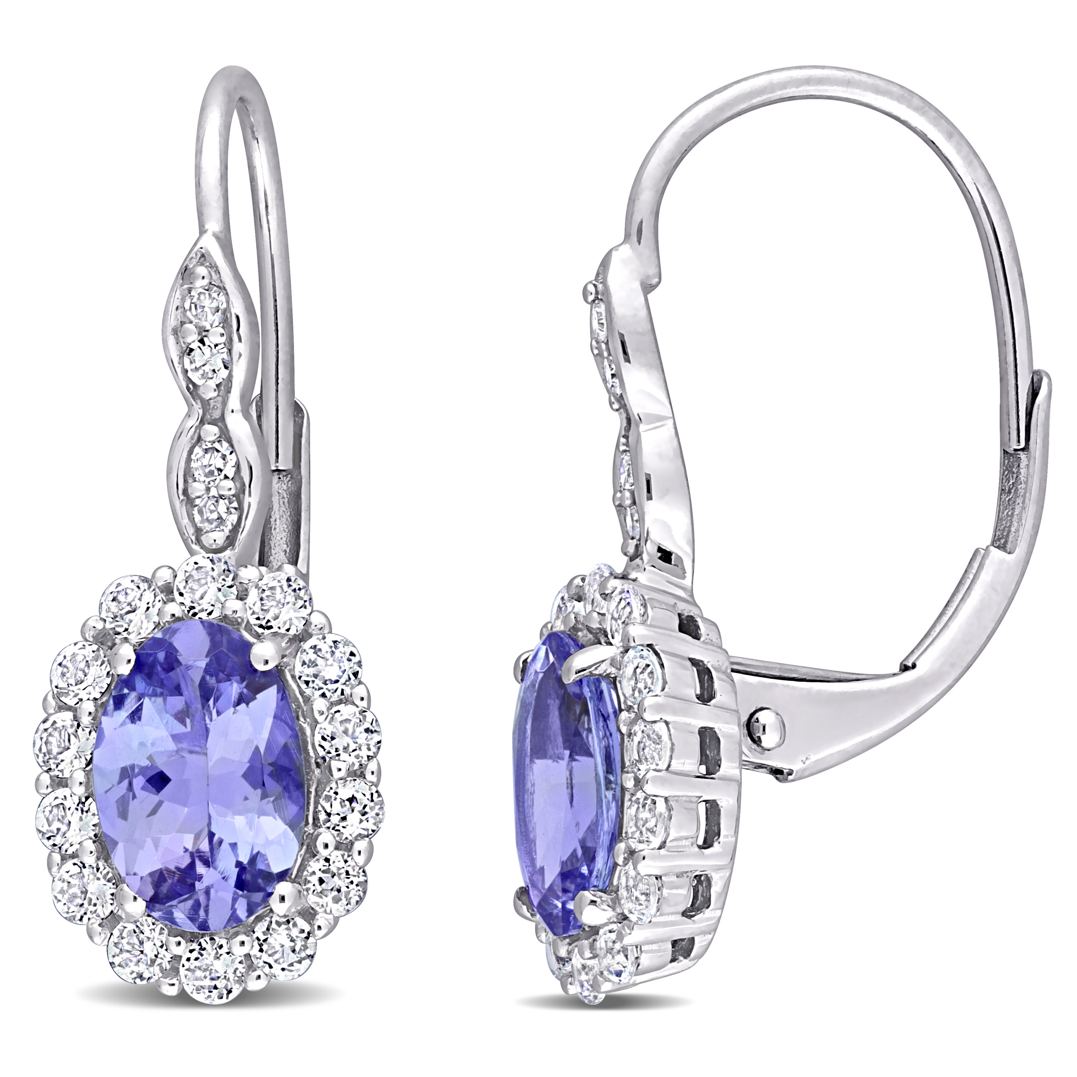 Oval Shape Tanzanite, White Topaz and Diamond Accent Vintage Halo LeverBack Earrings in 14k White Gold