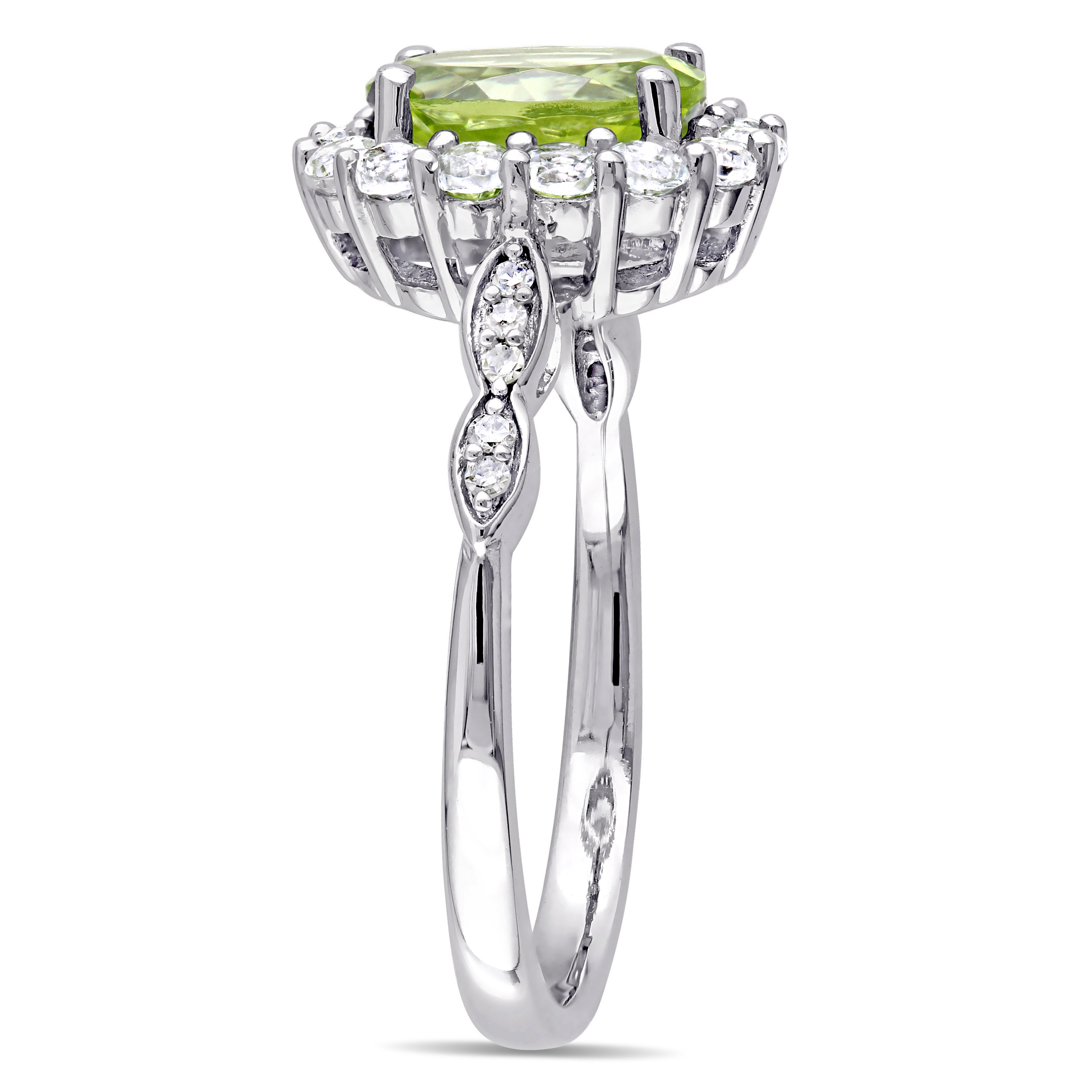 Oval Shape Peridot, White Topaz and Diamond Accent Vintage Ring in 14k White Gold