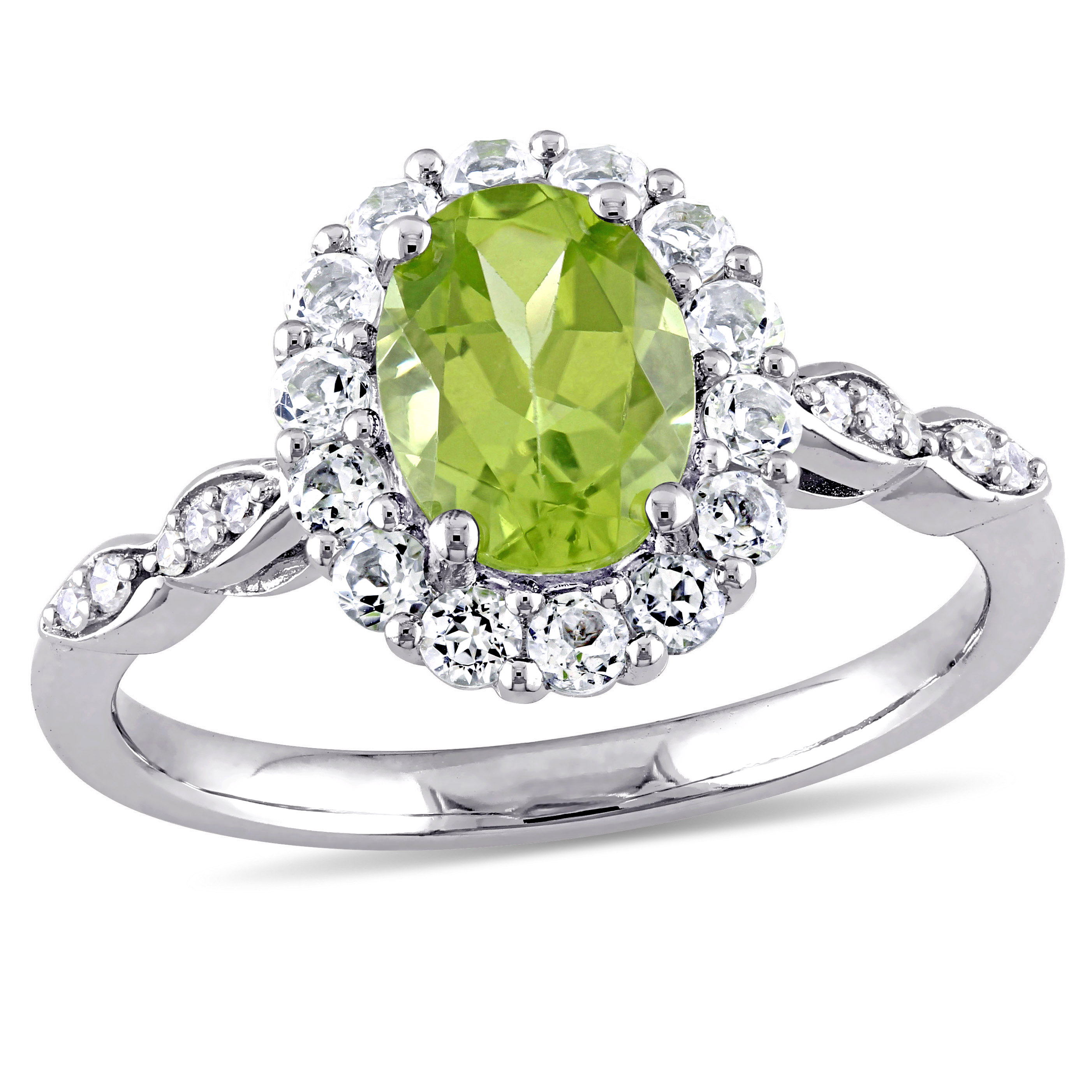 Oval Shape Peridot, White Topaz and Diamond Accent Vintage Ring in 14k White Gold
