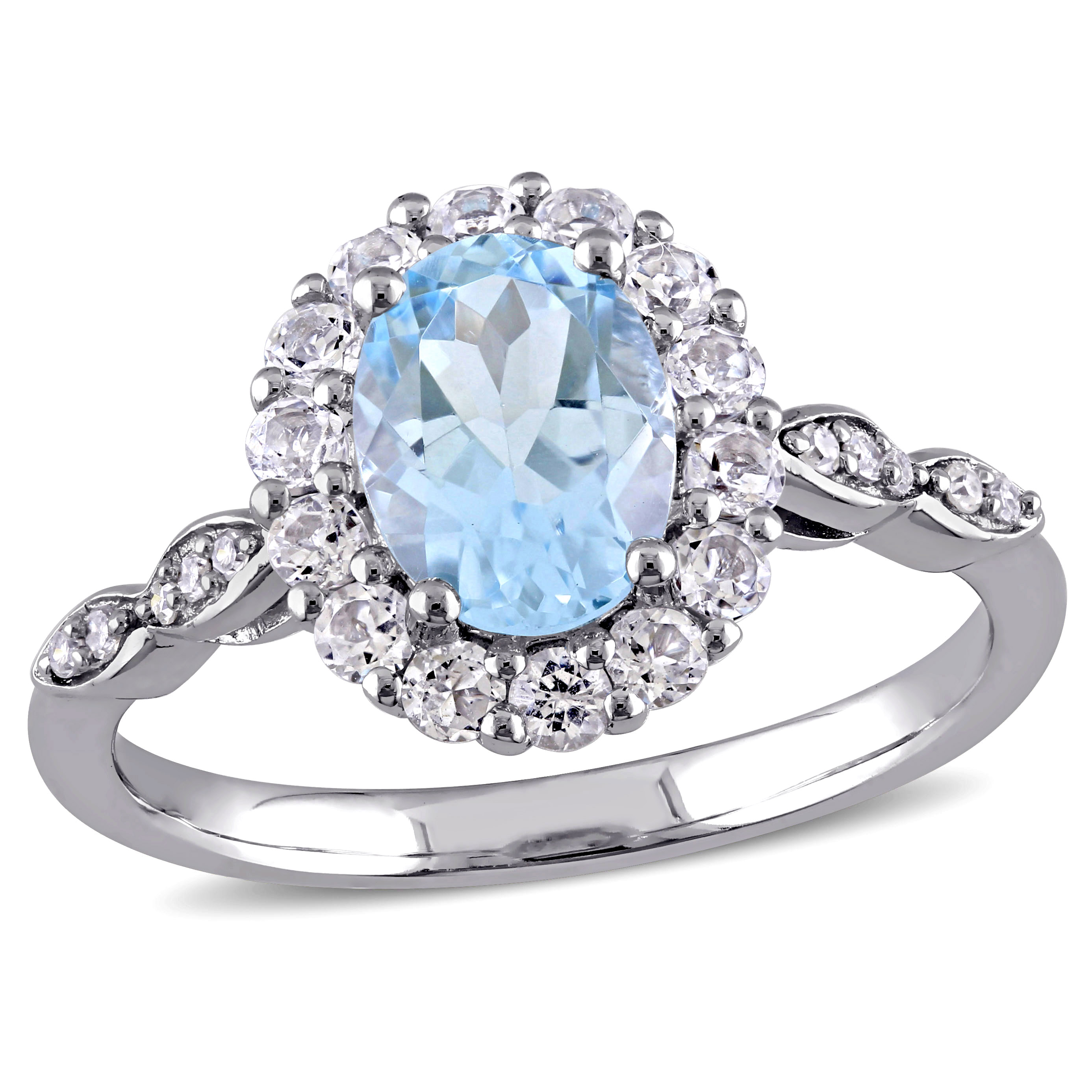 Oval Shape Blue Topaz, White Topaz and Diamond Accent Vintage Ring in 14k White Gold