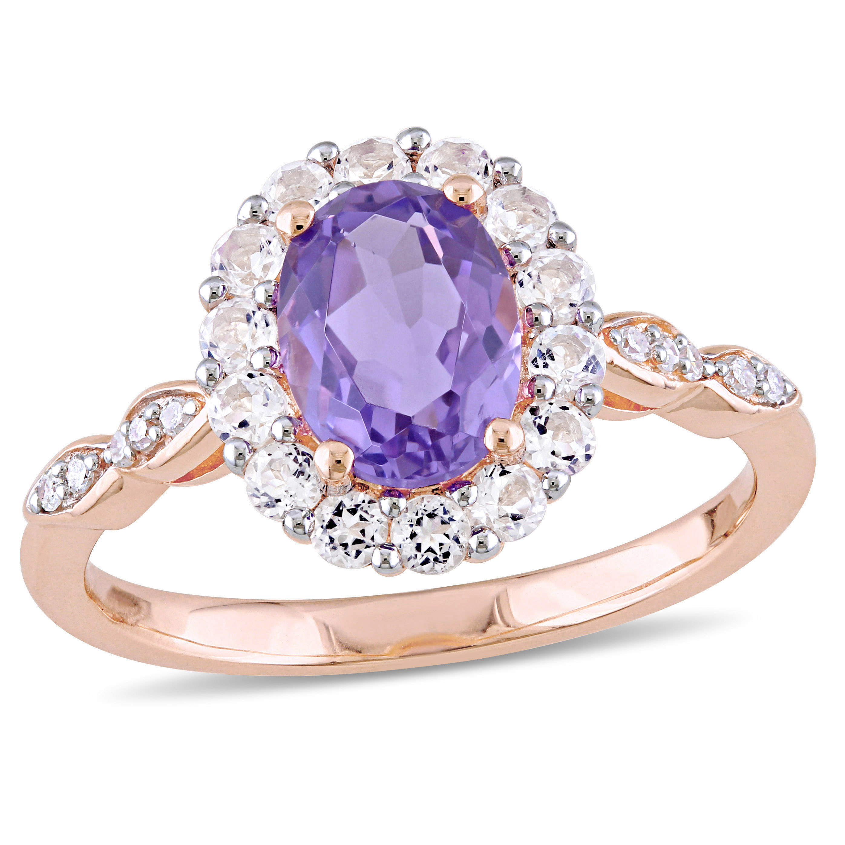 Oval Shape Amethyst, White Topaz and Diamond Accent Vintage Ring in 14k Rose Gold