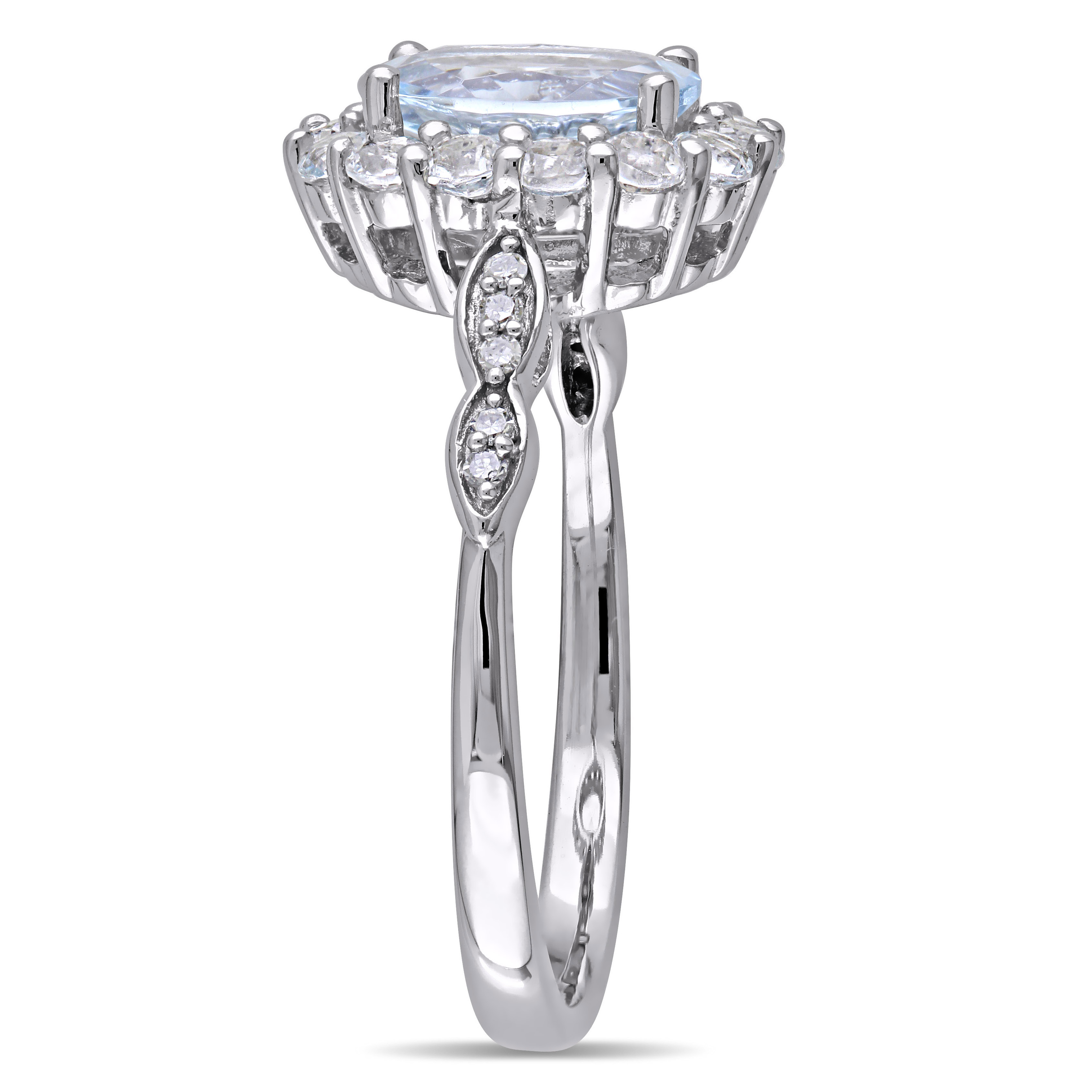 Oval Shape Aquamarine, White Topaz and Diamond Accent Vintage Ring in 14k White Gold