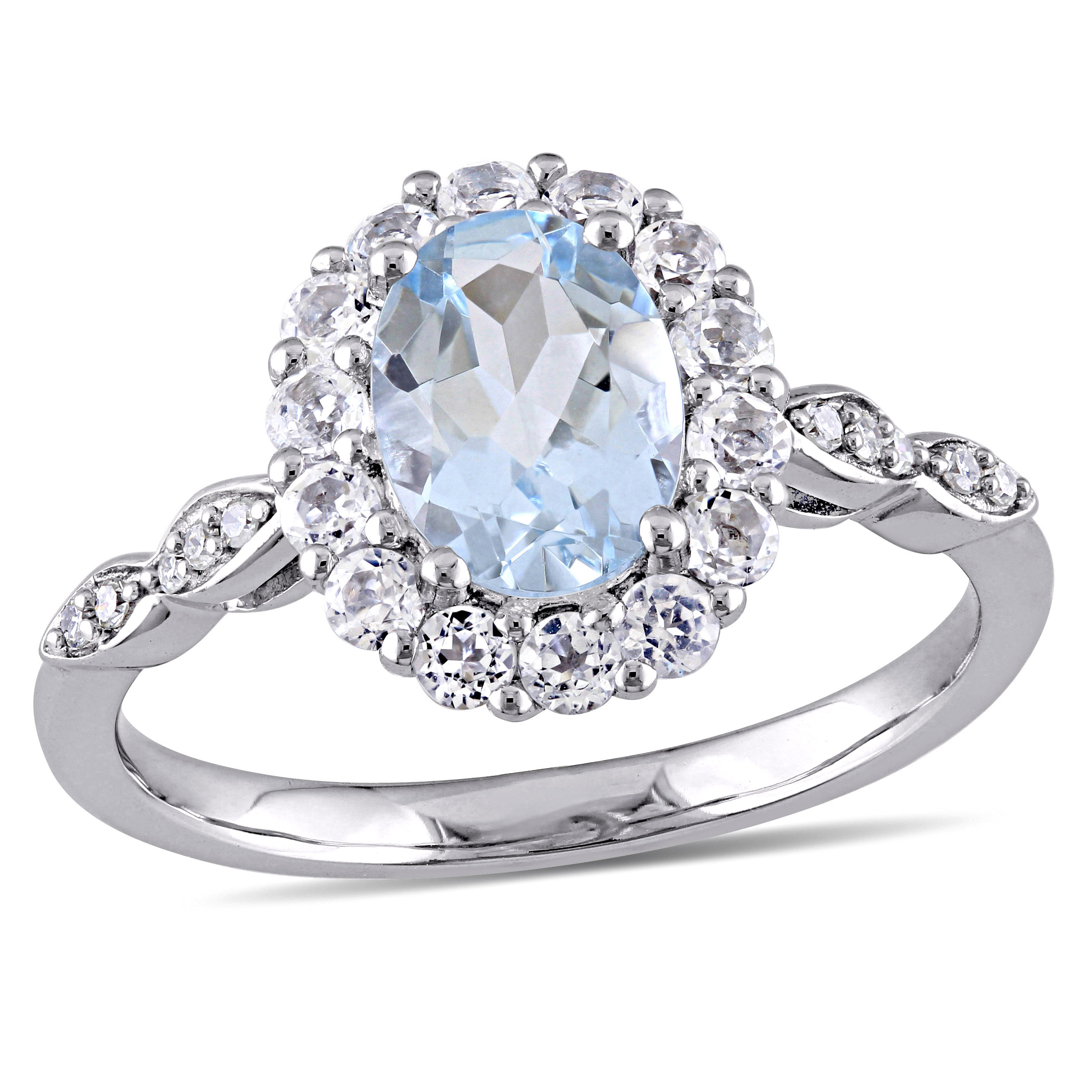 Oval Shape Aquamarine, White Topaz and Diamond Accent Vintage Ring in 14k White Gold