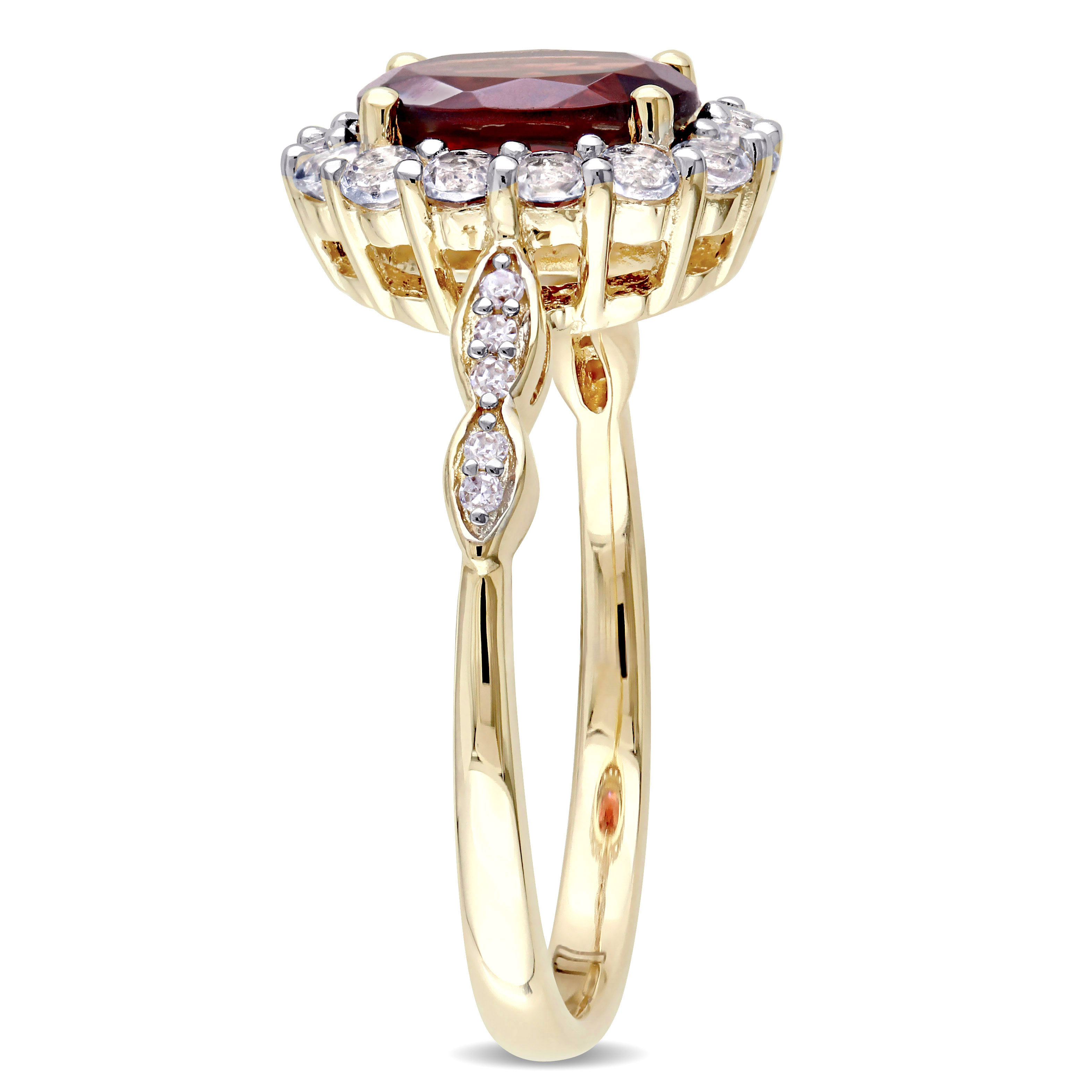 Oval Shape Garnet, White Topaz, and Diamond Accent Vintage Ring in 14k Yellow Gold