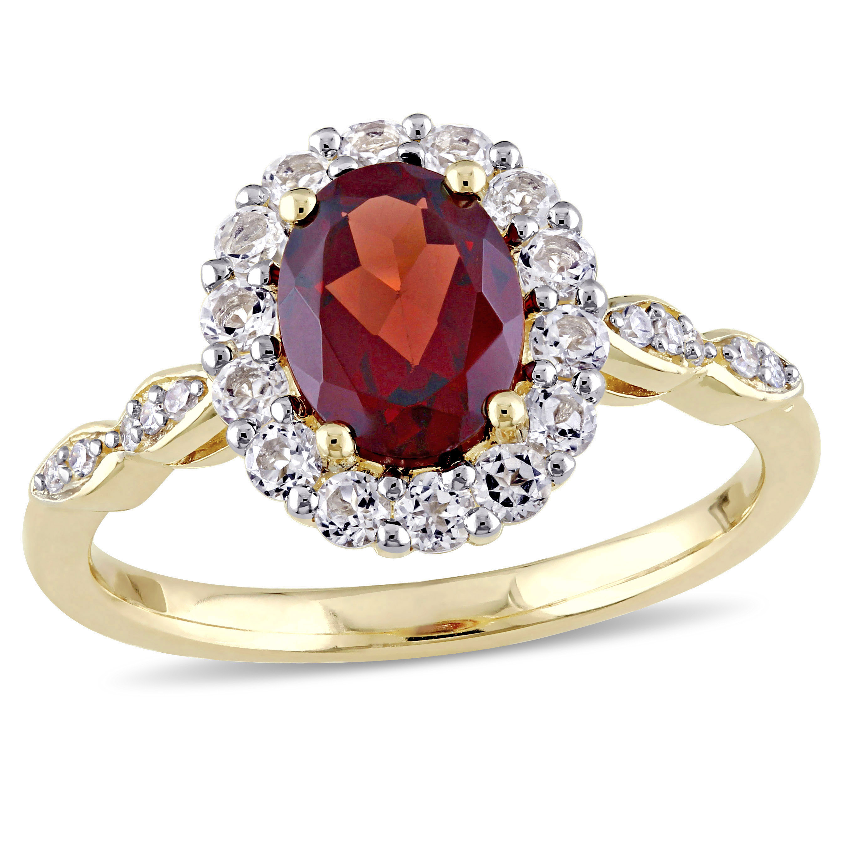 Oval Shape Garnet, White Topaz, and Diamond Accent Vintage Ring in 14k Yellow Gold