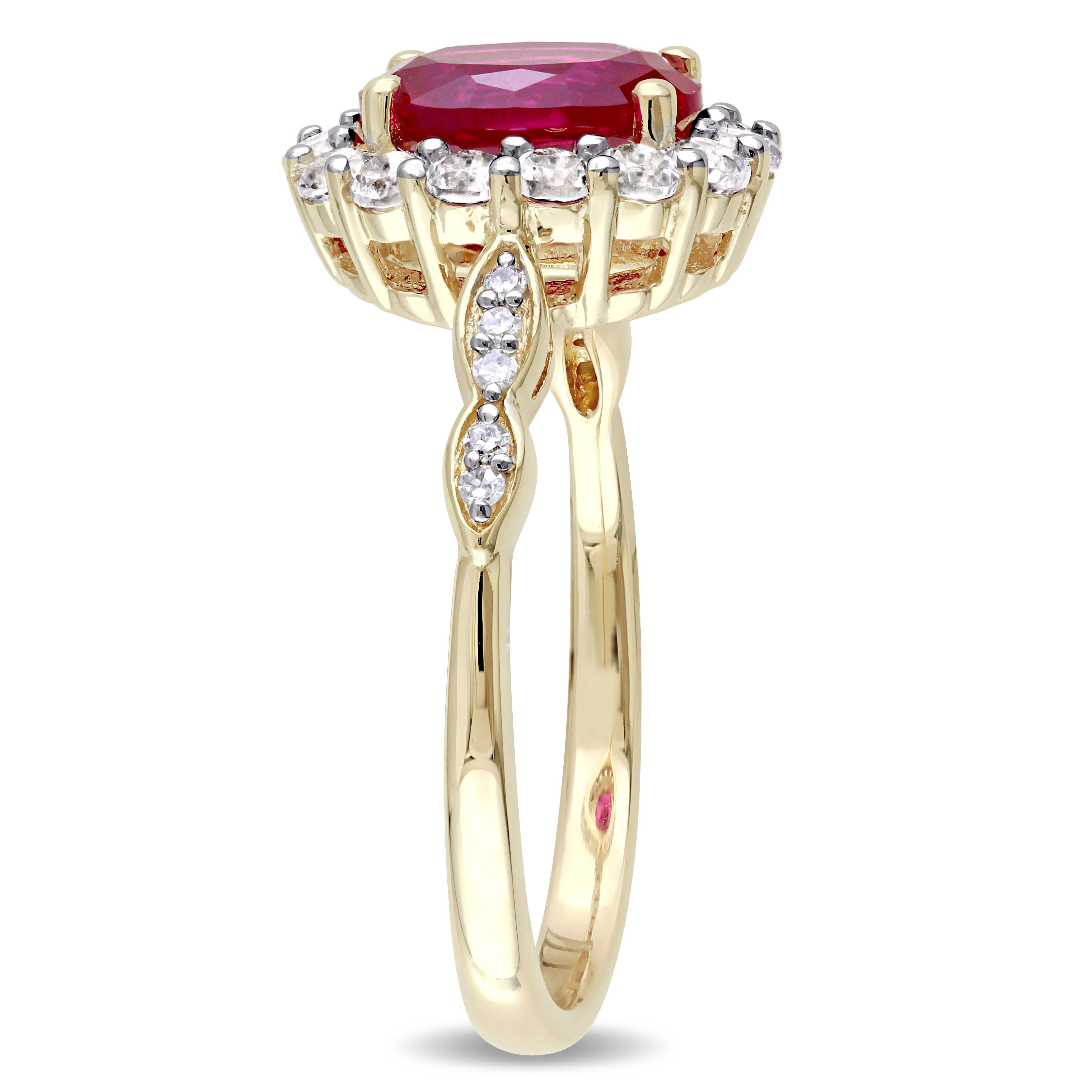 Oval Shape Created Ruby, White Topaz and Diamond Accent Vintage Ring in 14k Yellow Gold