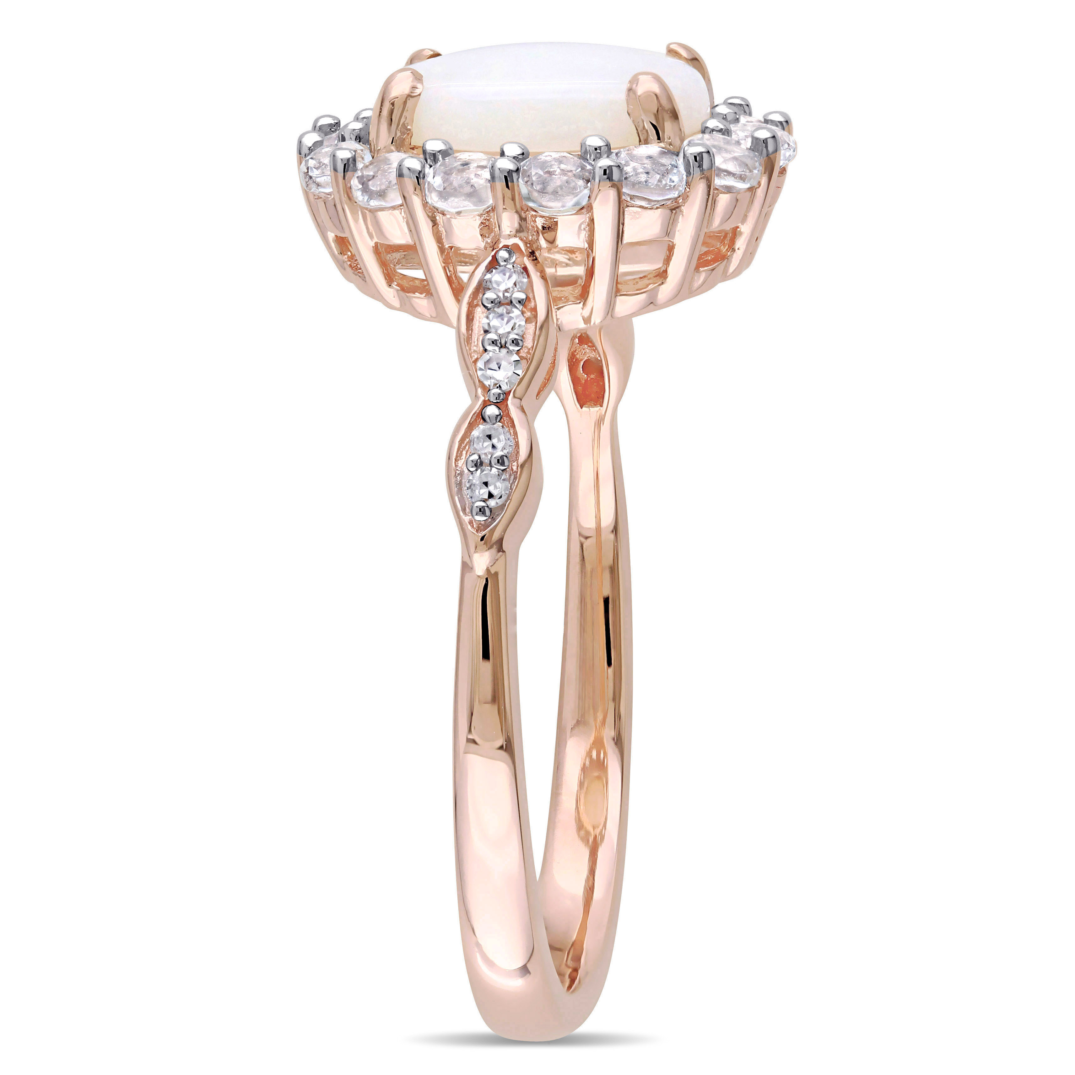 Oval Shape Opal, White Topaz and Diamond Accent Vintage Ring in 14k Rose Gold