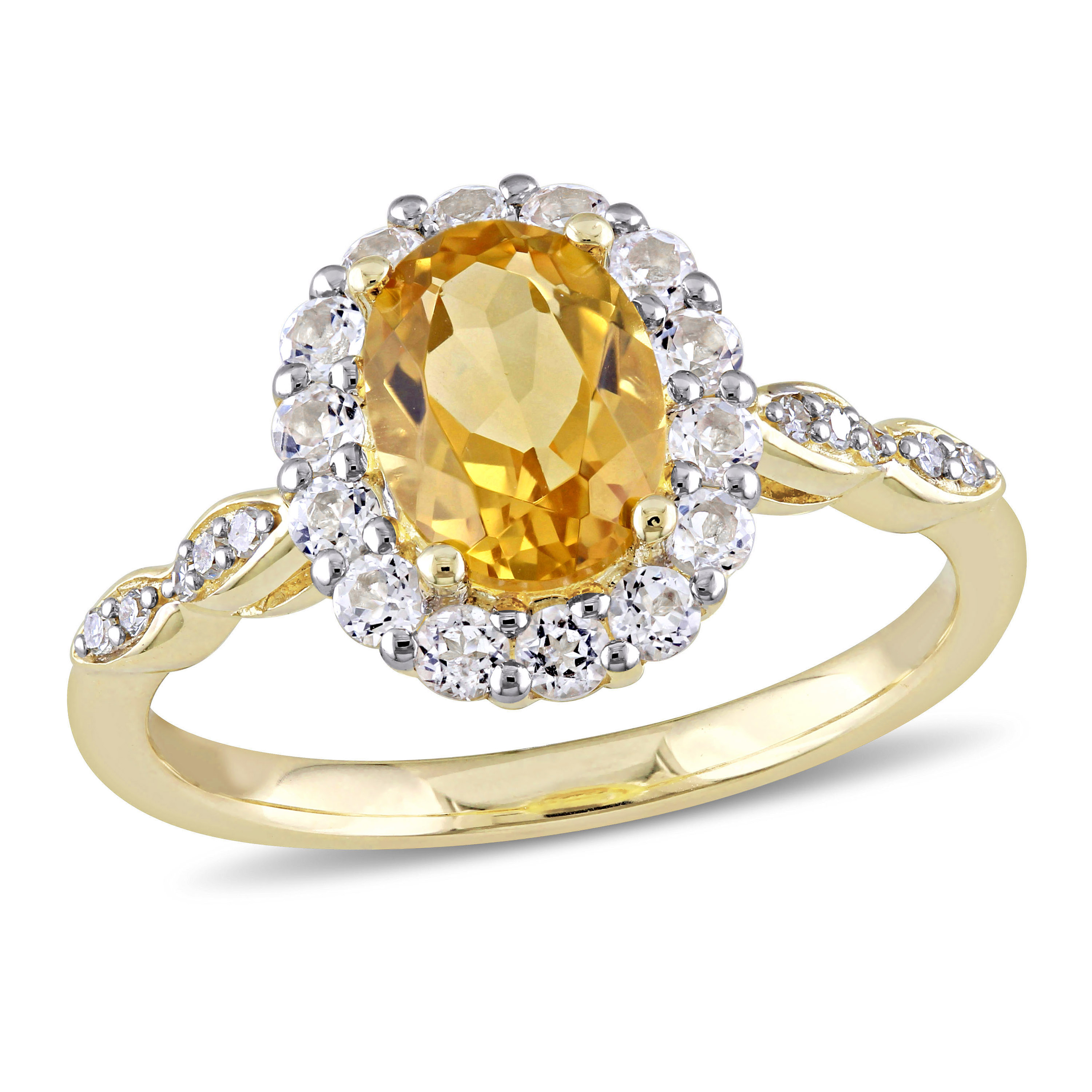 Oval Shape Citrine, White Topaz and Diamond Accent Vintage Ring in 14k Yellow Gold