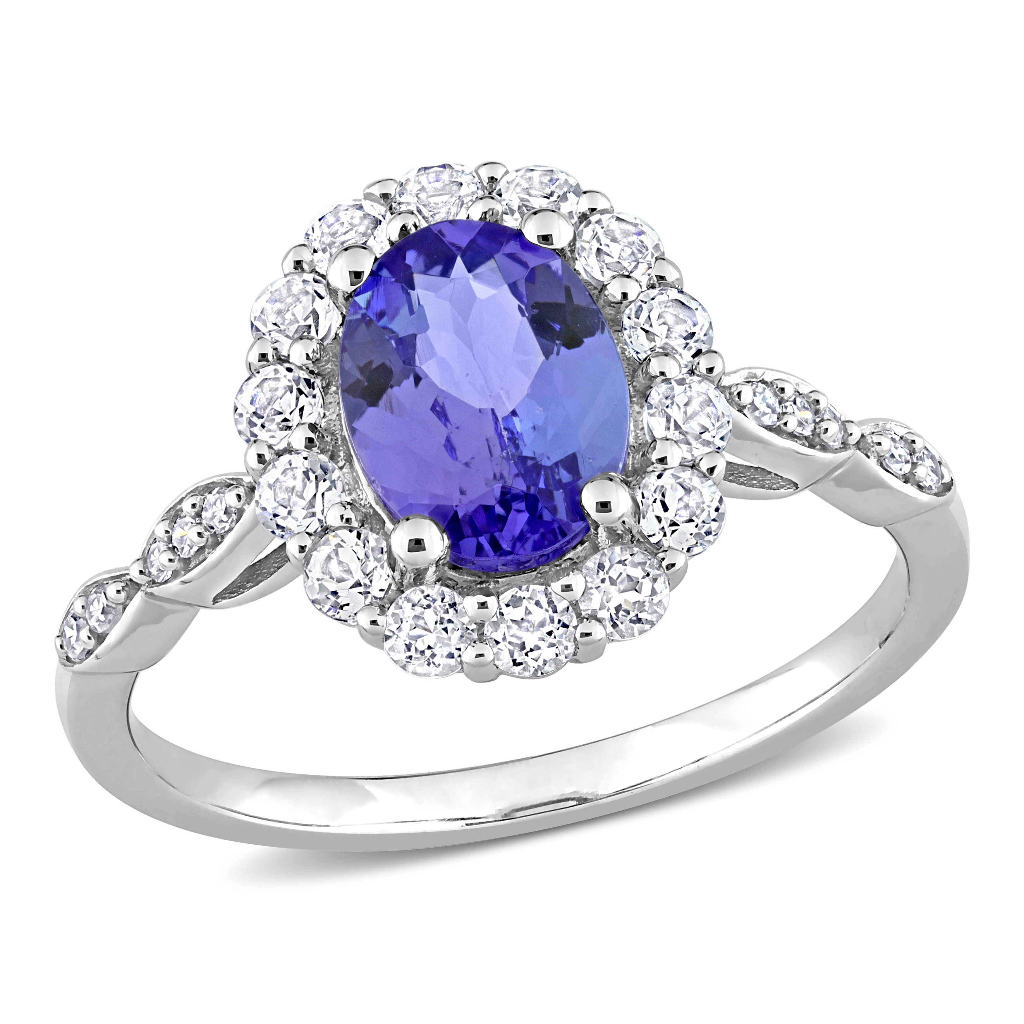 1 7/8 CT TGW Oval Shape Tanzanite, White Topaz and Diamond Accent Vintage Halo Ring in 14k White Gold
