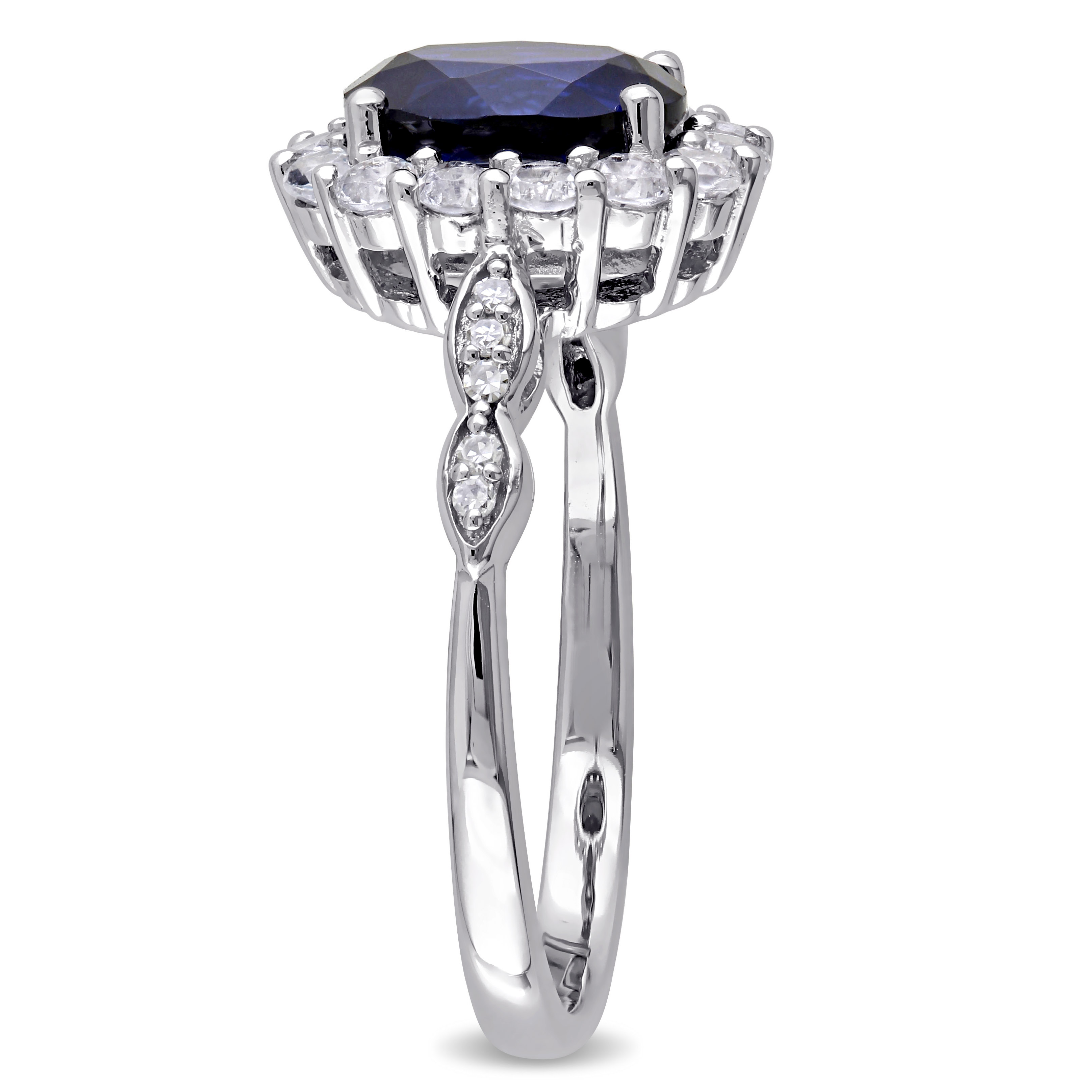 Oval Shape Created Blue Sapphire, White Topaz and Diamond Accent Vintage Ring in 14k White Gold